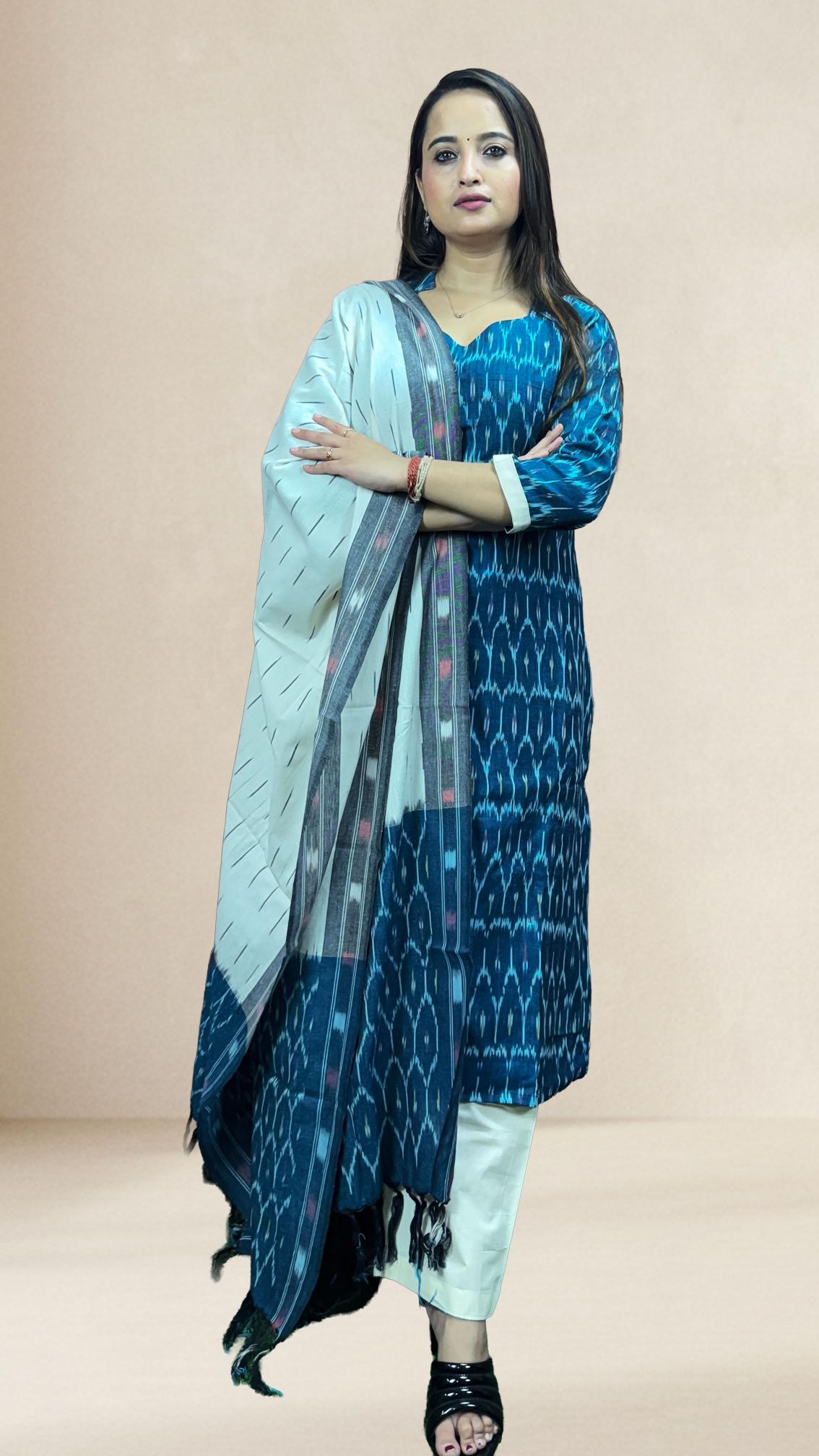 Blue Sambalpuri Ikat Kurti Set with Contrast Dupatta