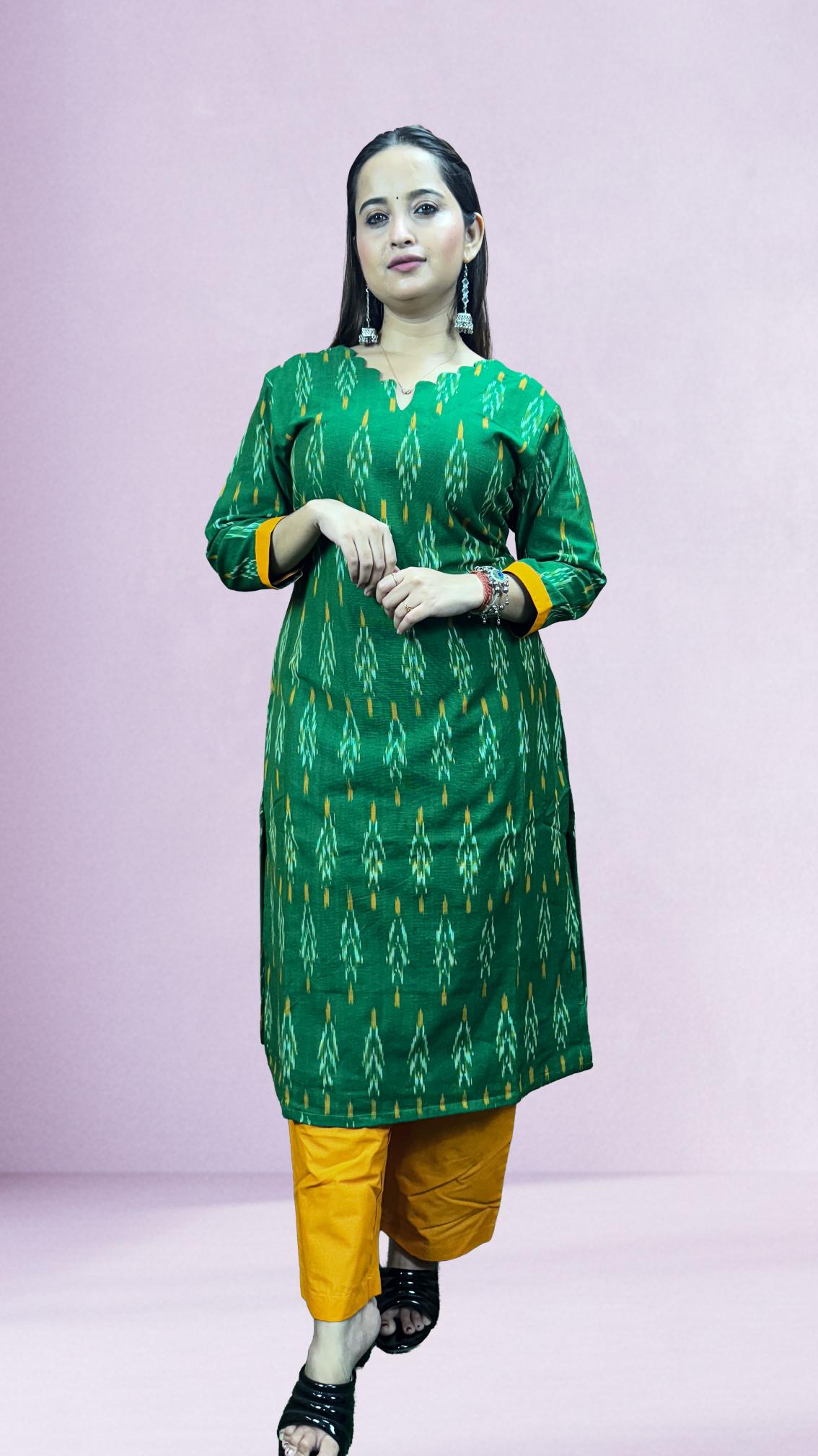 Green Sambalpuri Ikat Kurti Set with Dual-Tone Dupatta