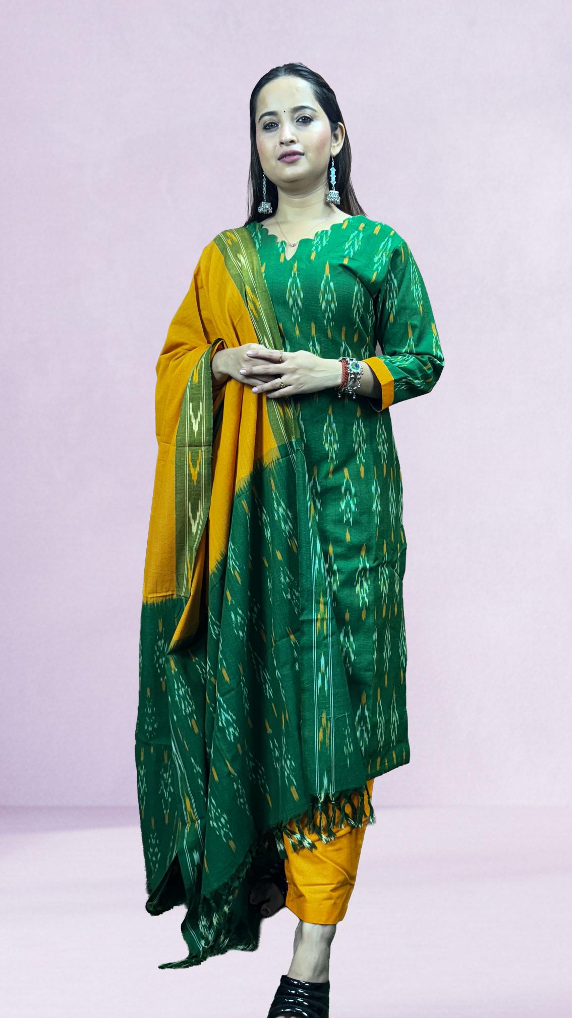 Green Sambalpuri Ikat Kurti Set with Dual-Tone Dupatta
