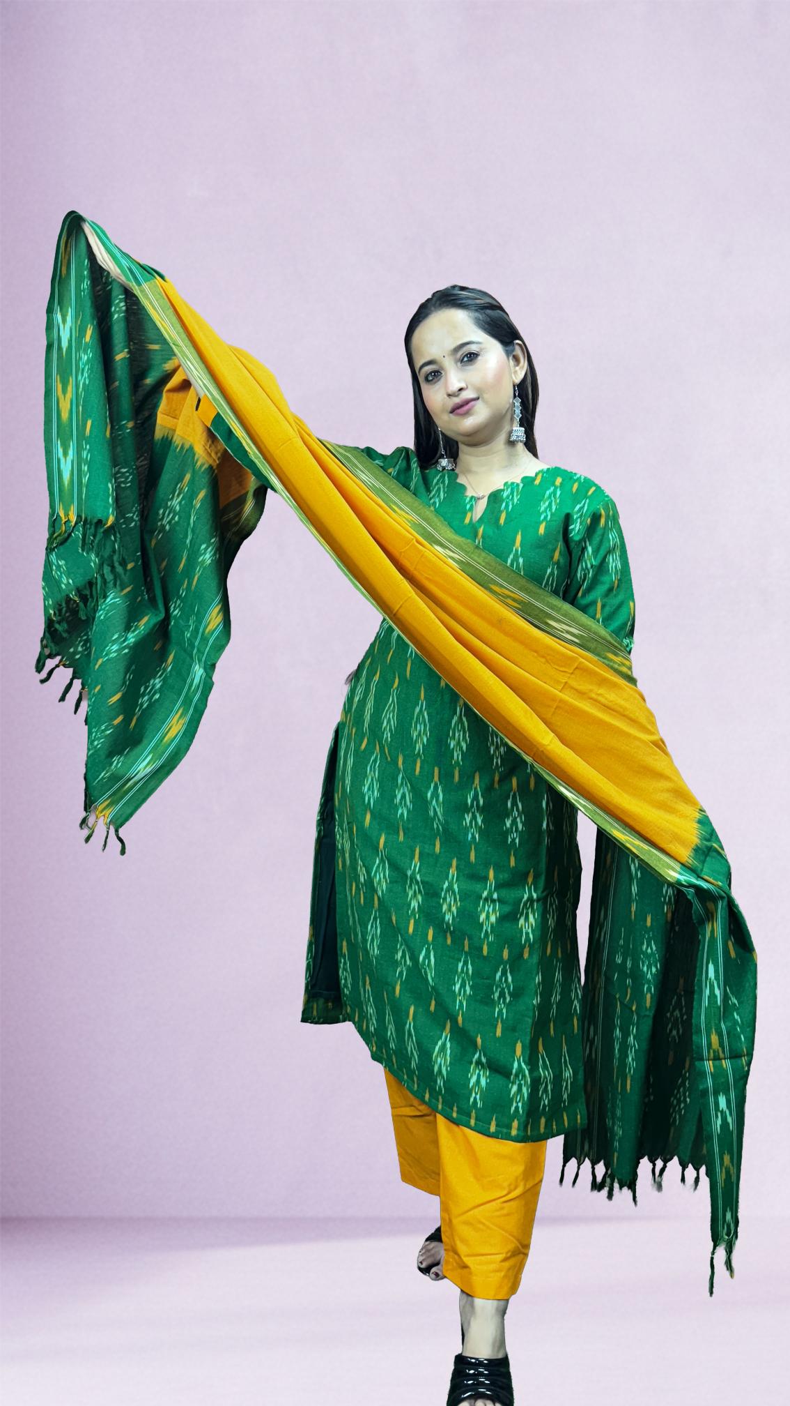 Green Sambalpuri Ikat Kurti Set with Dual-Tone Dupatta