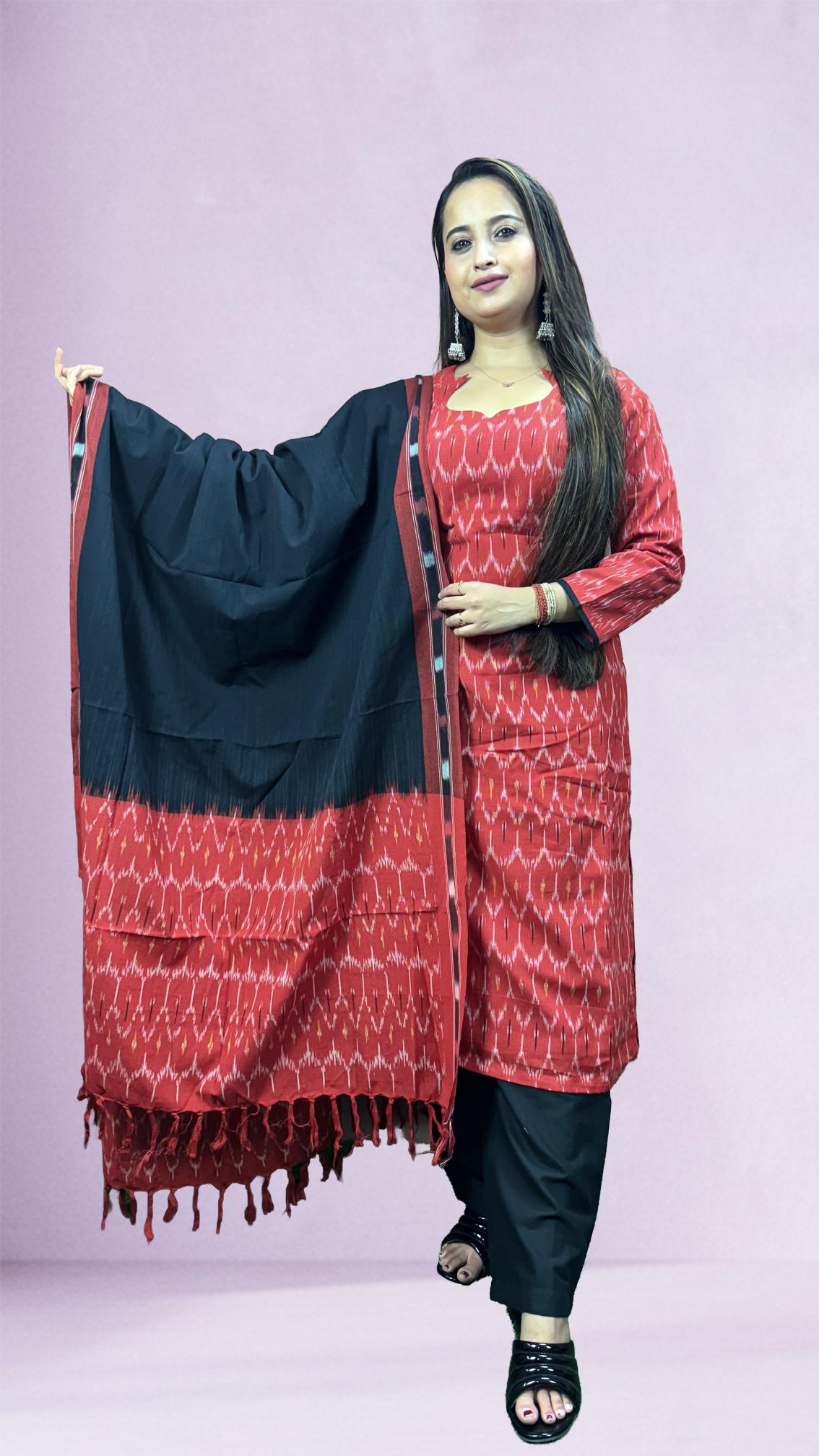 Red Sambalpuri Ikat Kurti Set with Black Contrast Dupatta