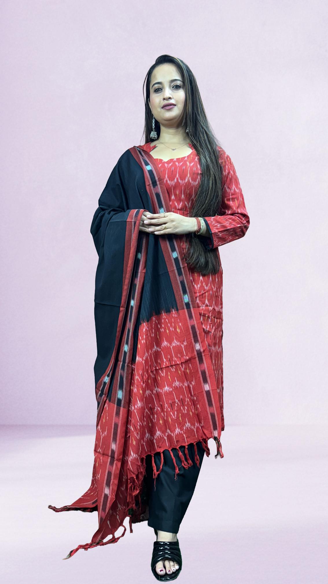 Red Sambalpuri Ikat Kurti Set with Black Contrast Dupatta
