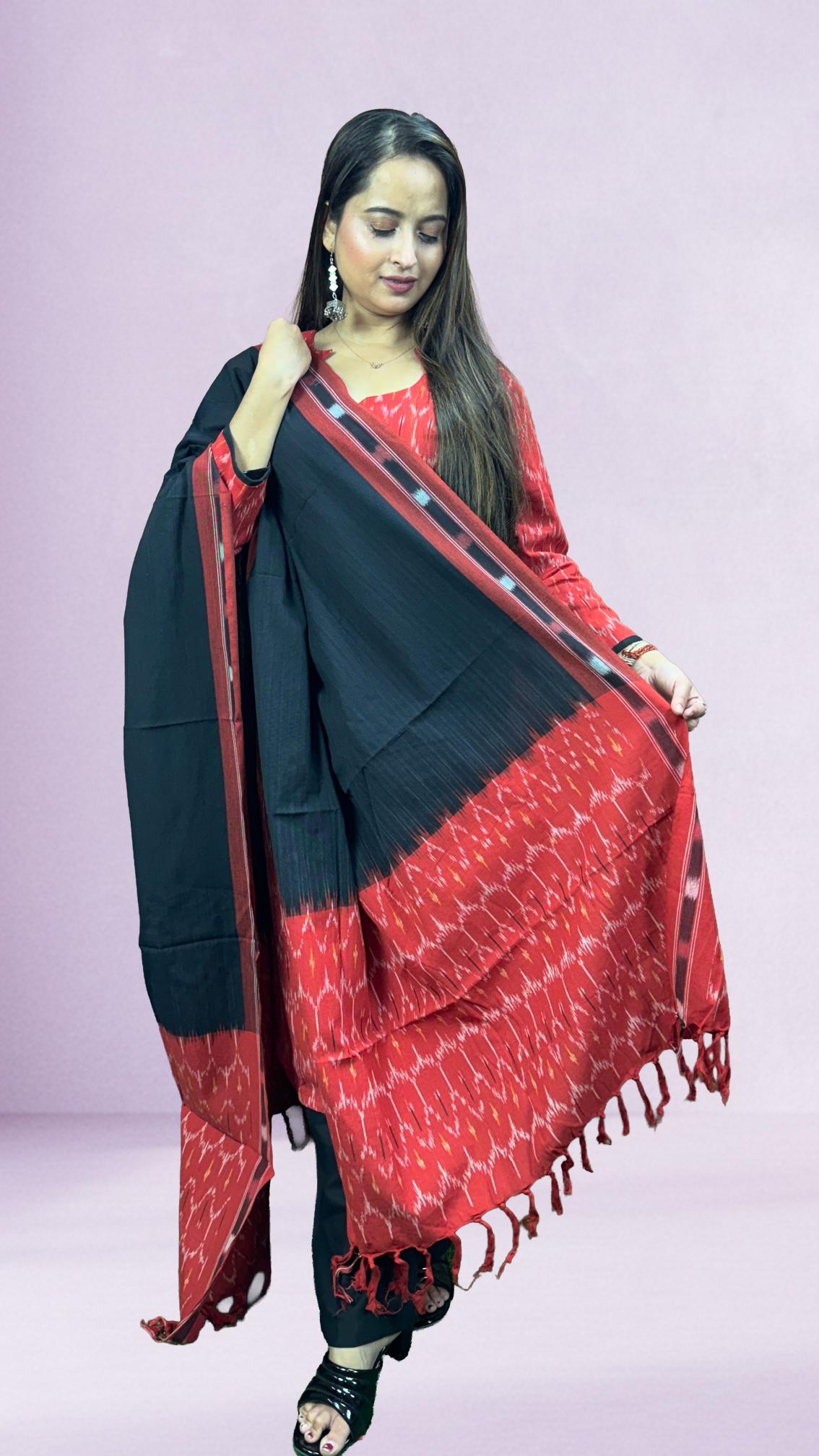 Red Sambalpuri Ikat Kurti Set with Black Contrast Dupatta