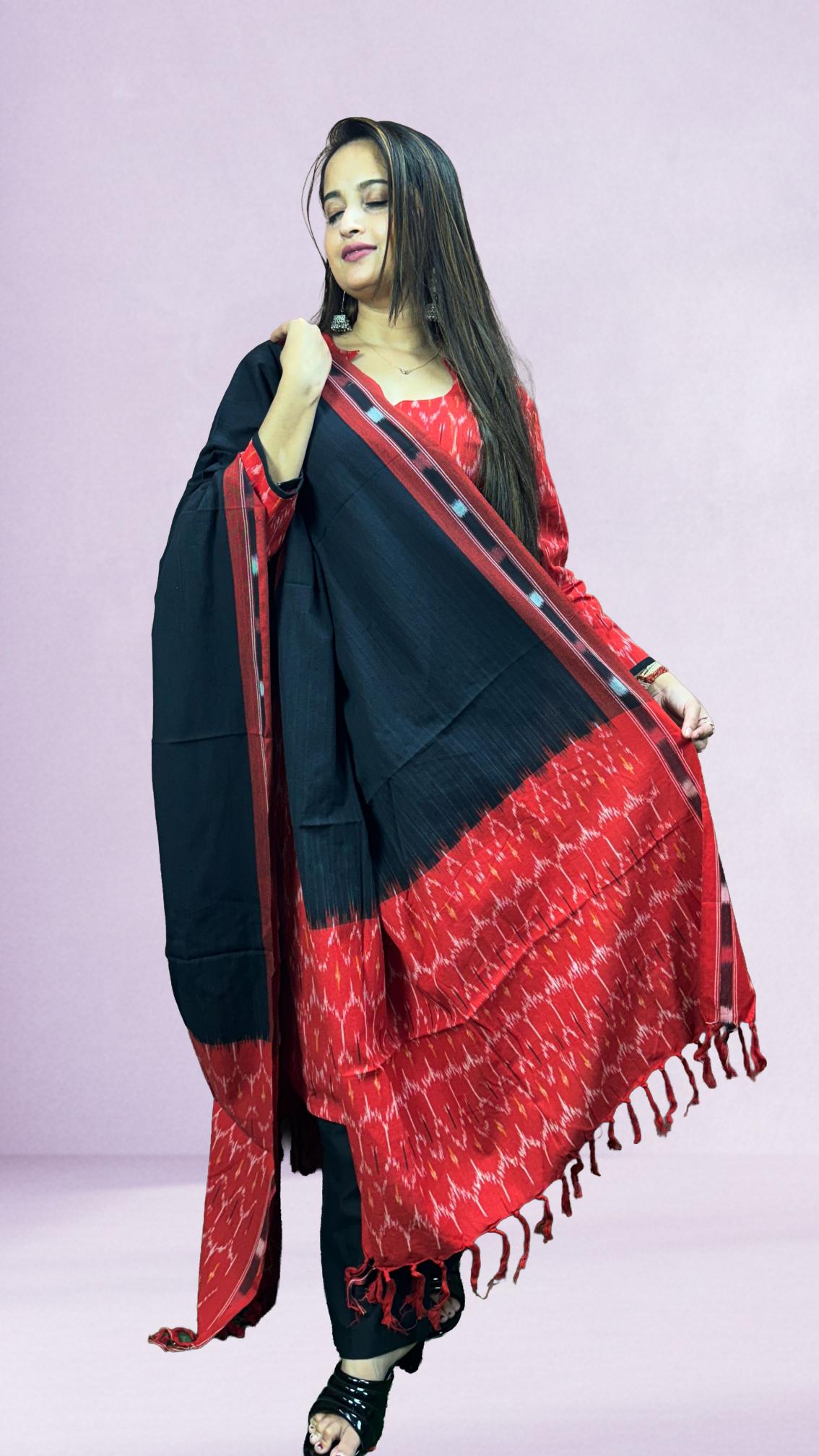 Red Sambalpuri Ikat Kurti Set with Black Contrast Dupatta