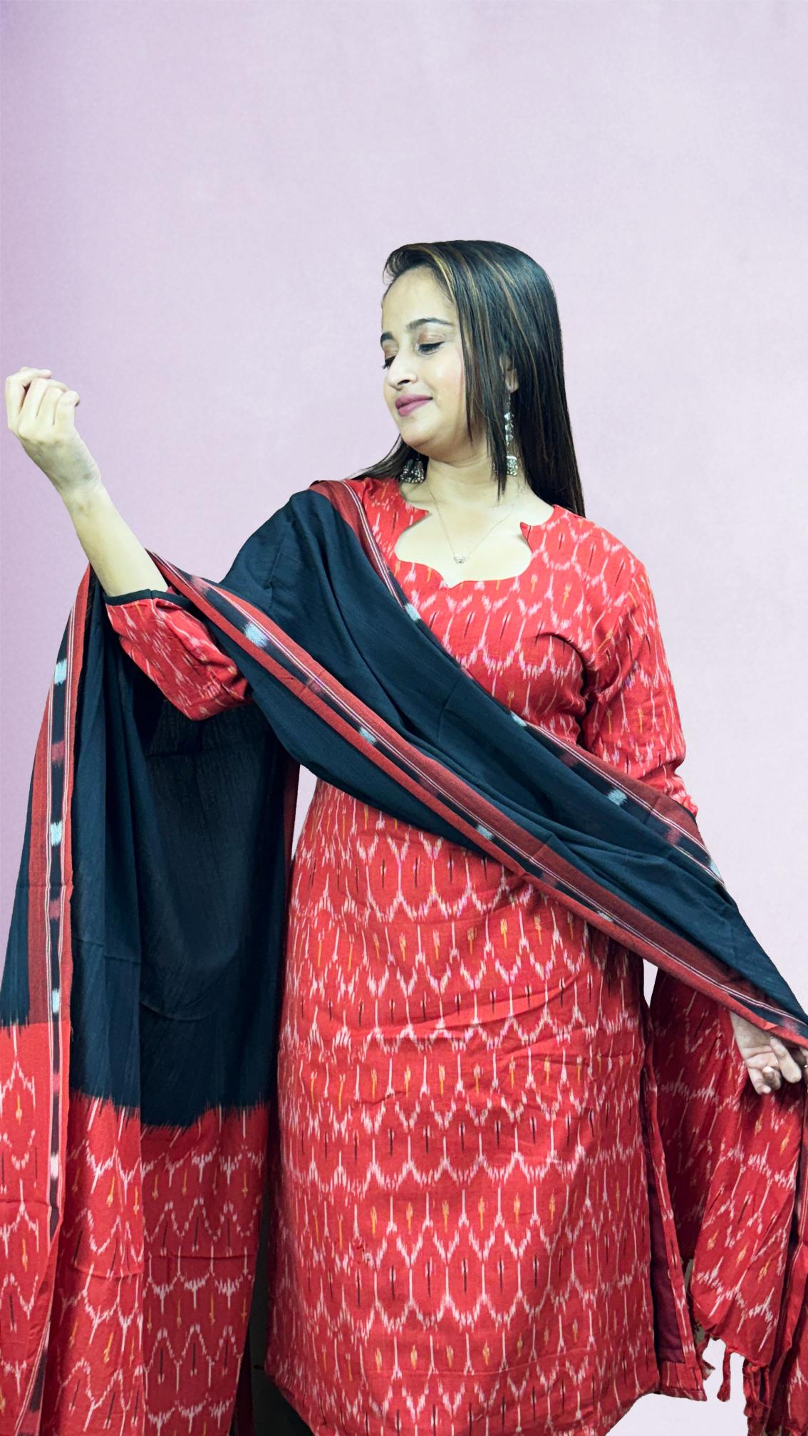 Red Sambalpuri Ikat Kurti Set with Black Contrast Dupatta