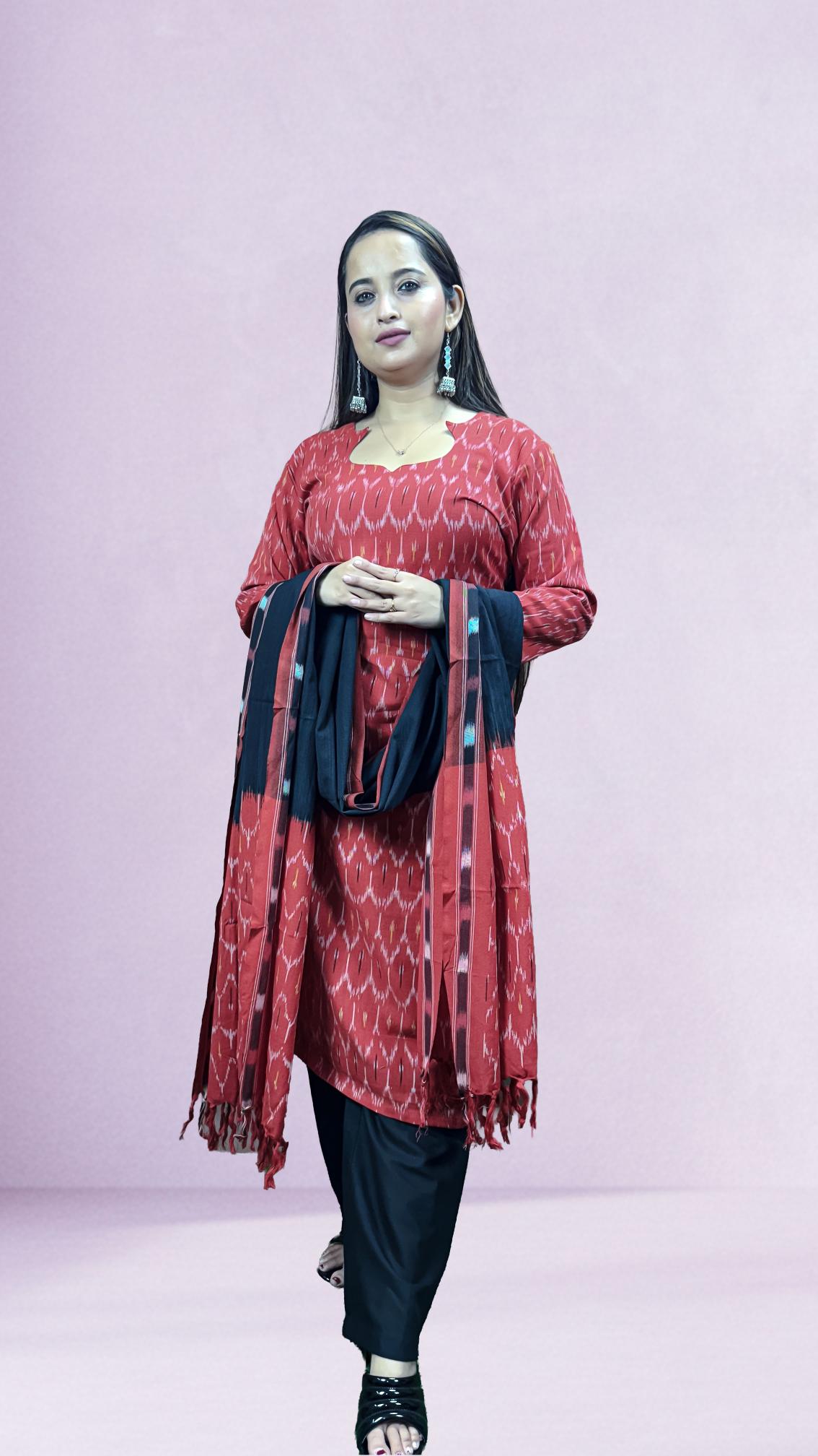 Red Sambalpuri Ikat Kurti Set with Black Contrast Dupatta