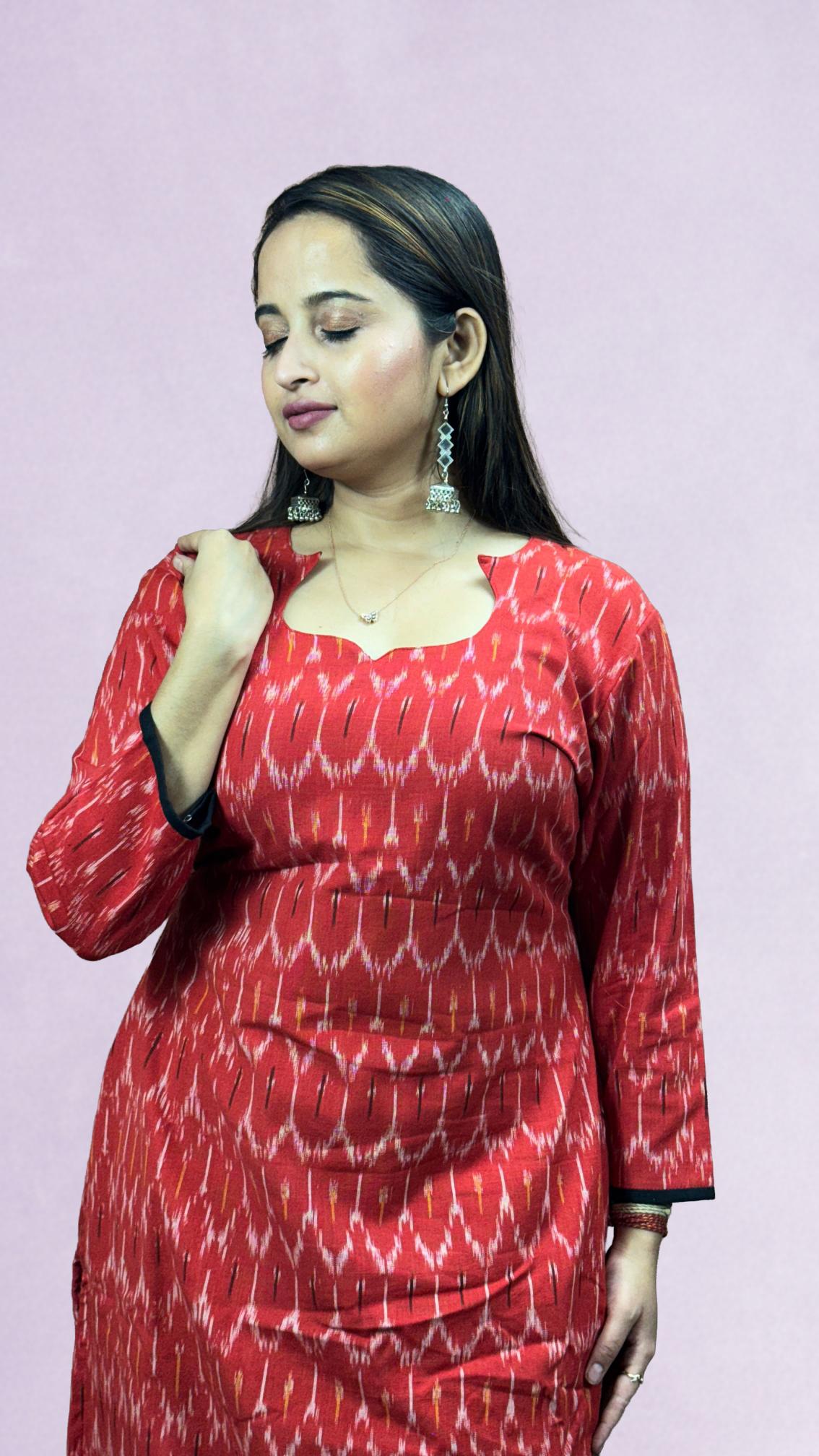 Red Sambalpuri Ikat Kurti Set with Black Contrast Dupatta