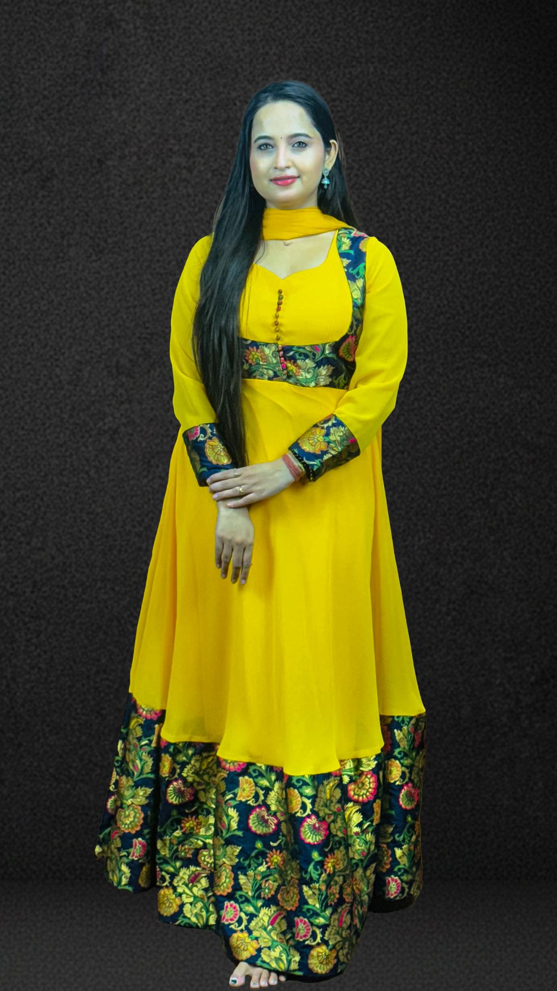 Mustard Yellow Brocade Border Anarkali Set
