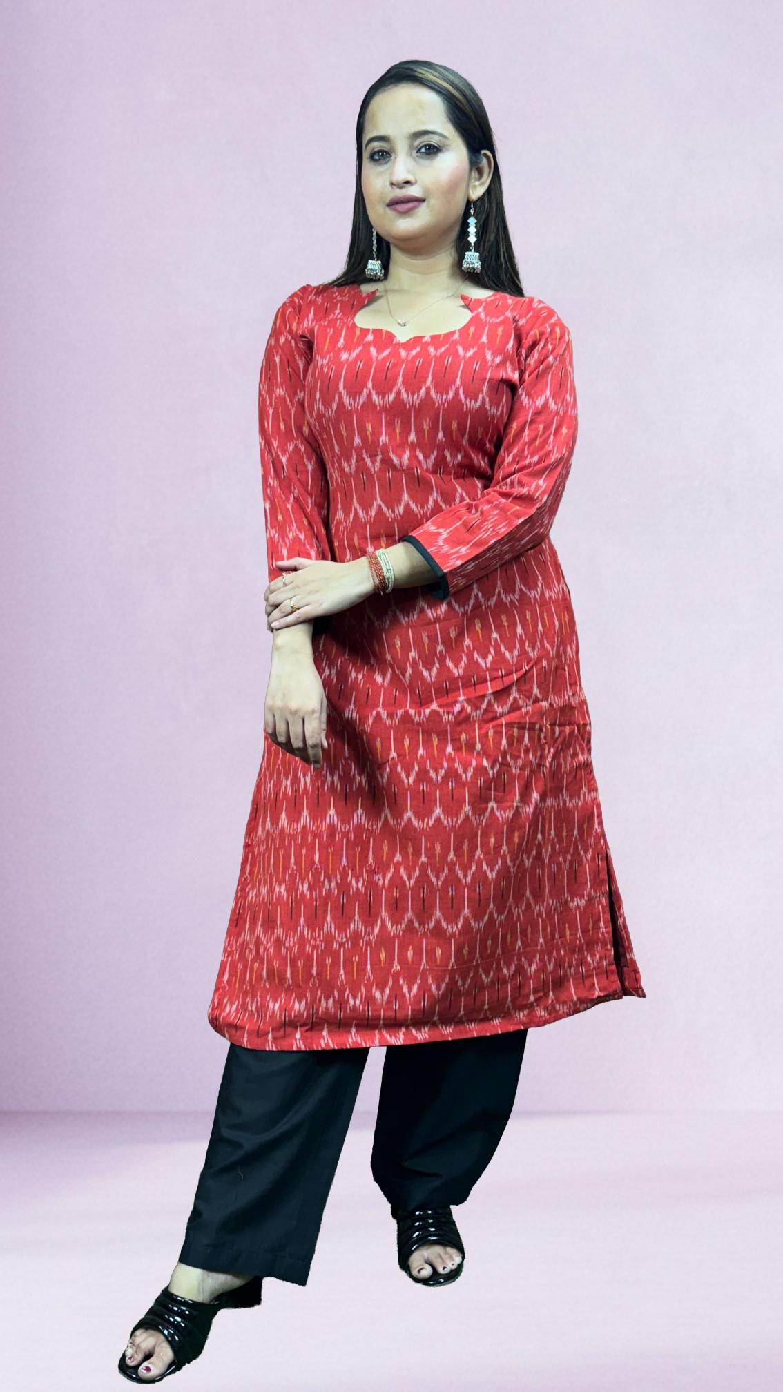 Red Sambalpuri Ikat Kurti Set with Black Contrast Dupatta