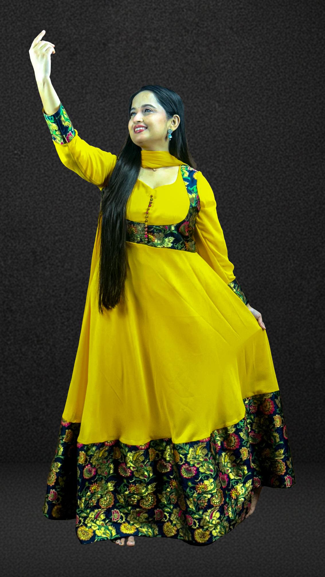Mustard Yellow Brocade Border Anarkali Set
