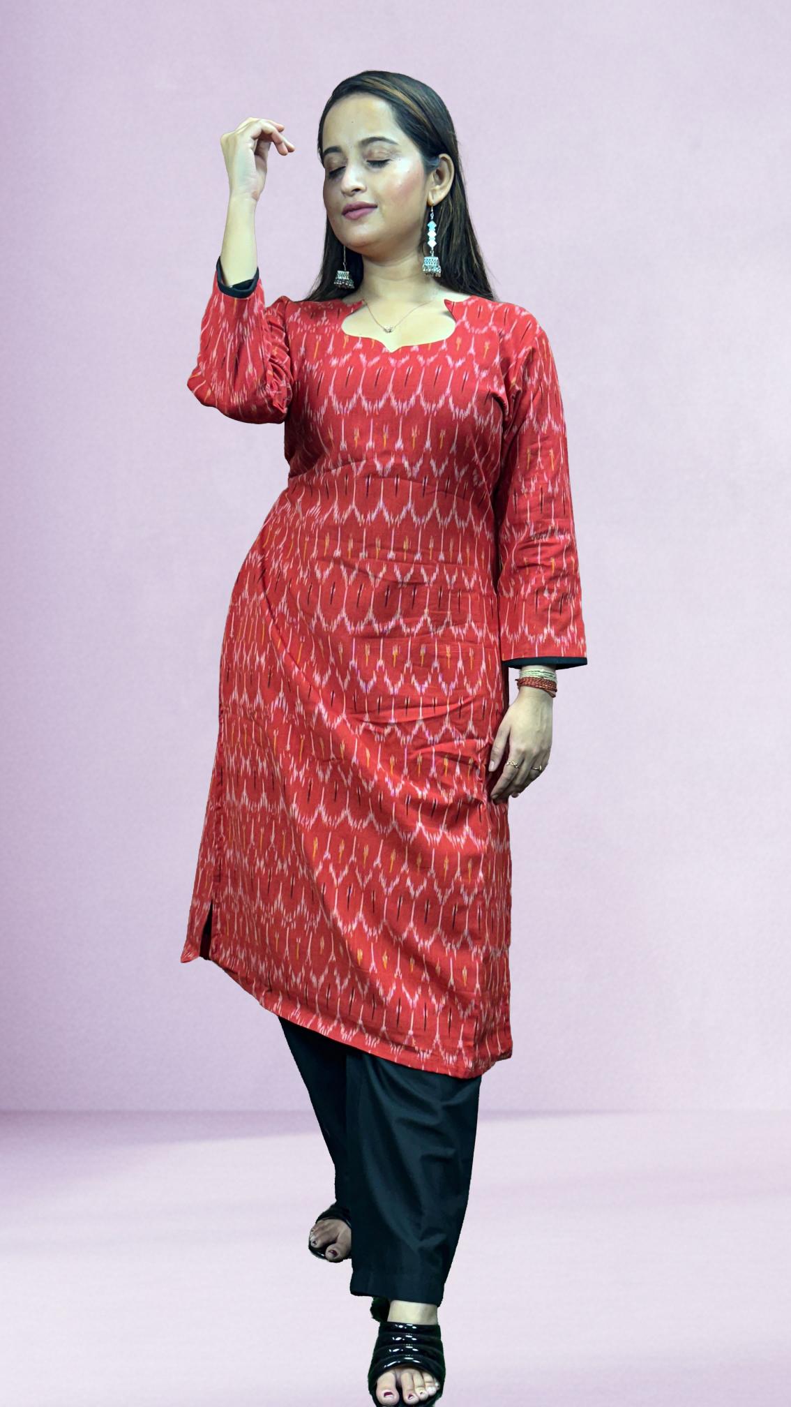Red Sambalpuri Ikat Kurti Set with Black Contrast Dupatta