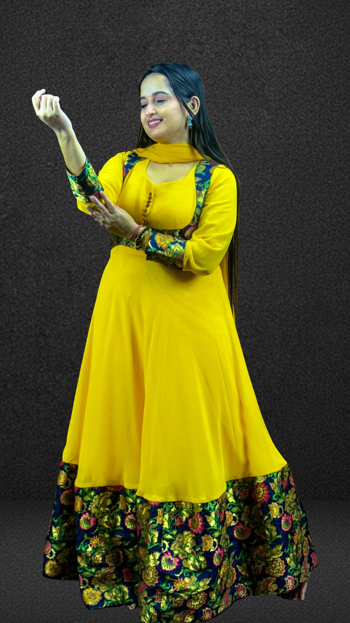 Mustard Yellow Brocade Border Anarkali Set