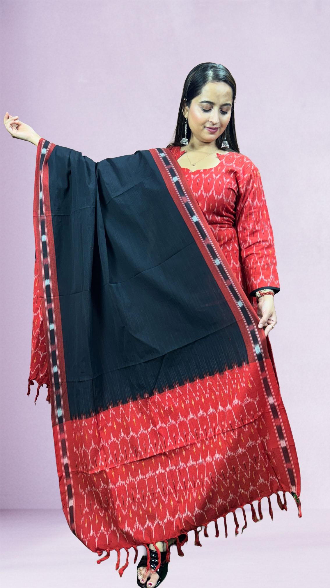 Red Sambalpuri Ikat Kurti Set with Black Contrast Dupatta