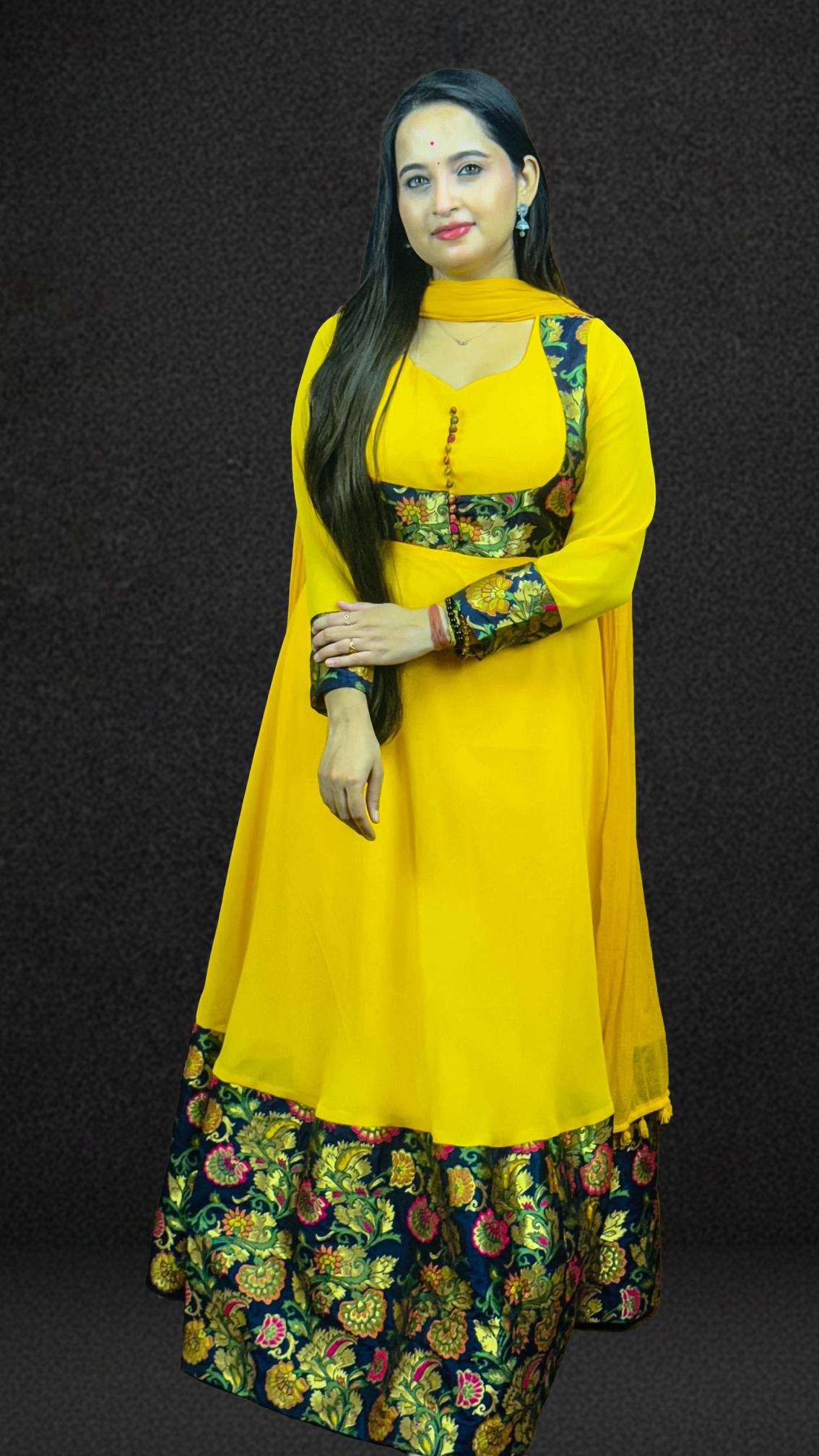 Mustard Yellow Brocade Border Anarkali Set