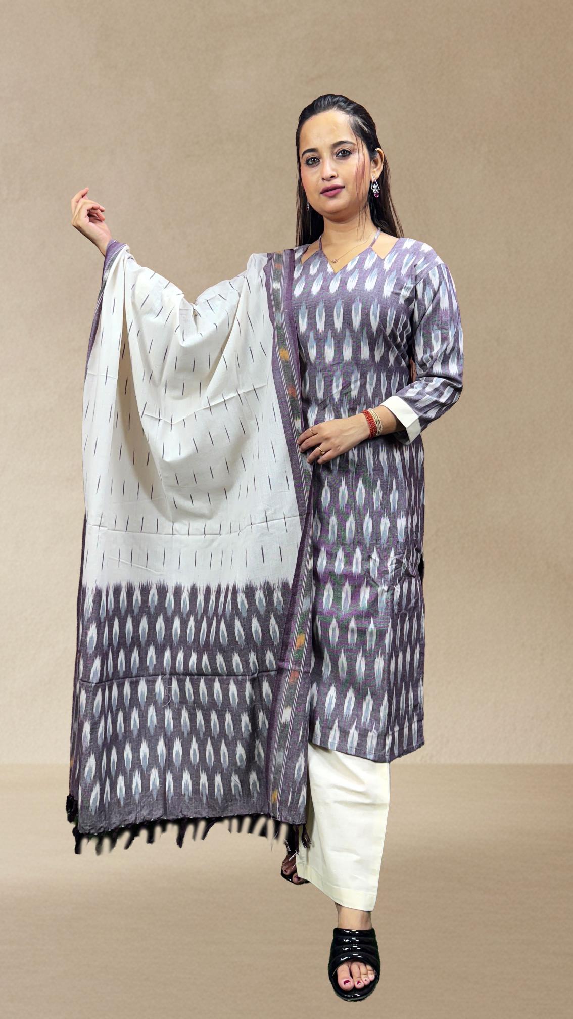Grey Sambalpuri Ikat Kurti Set with White Dupatta