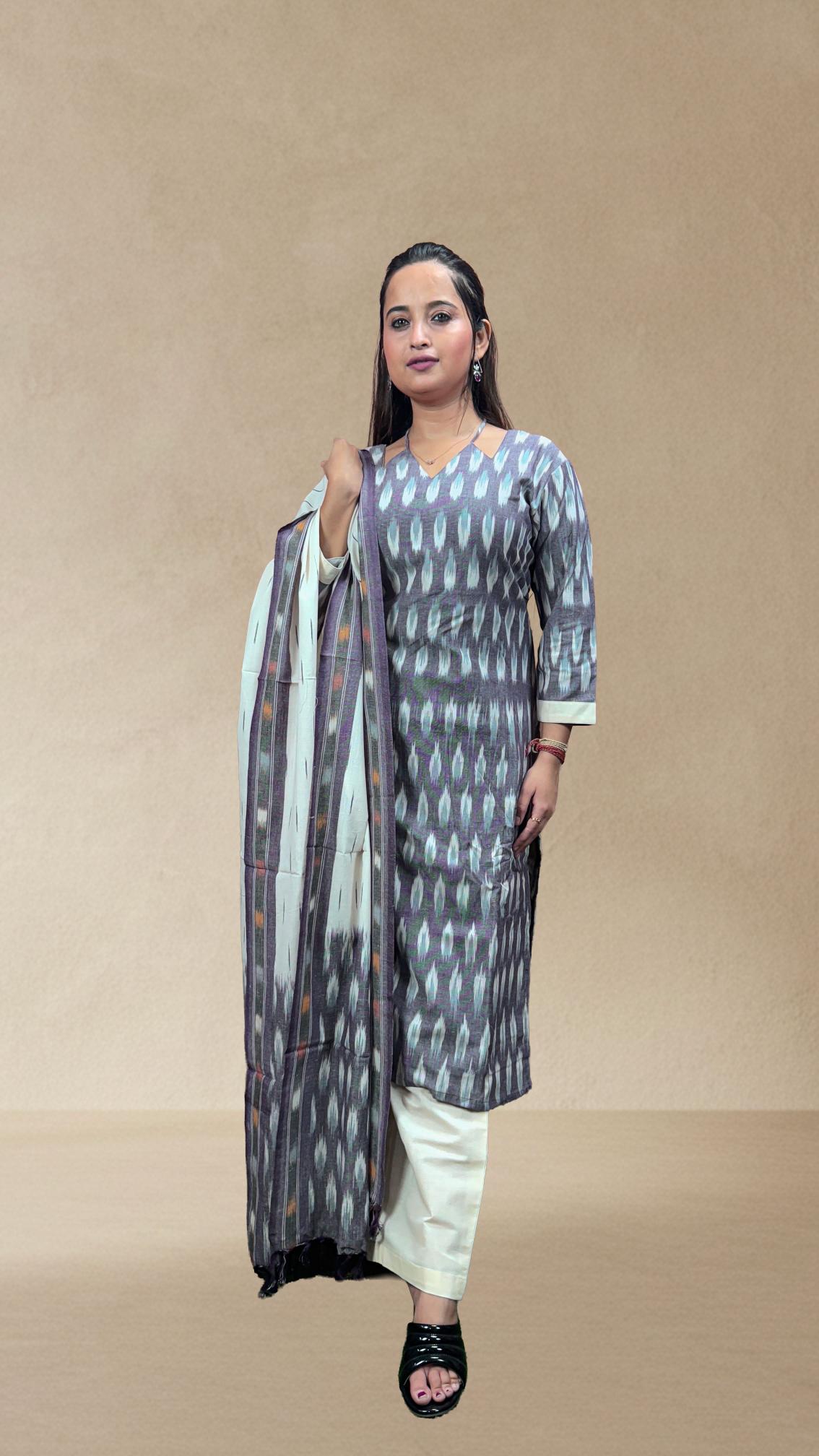 Grey Sambalpuri Ikat Kurti Set with White Dupatta