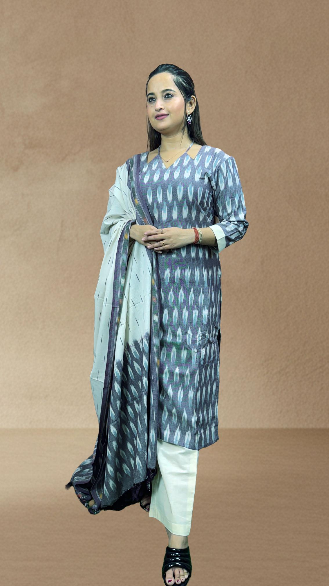 Grey Sambalpuri Ikat Kurti Set with White Dupatta