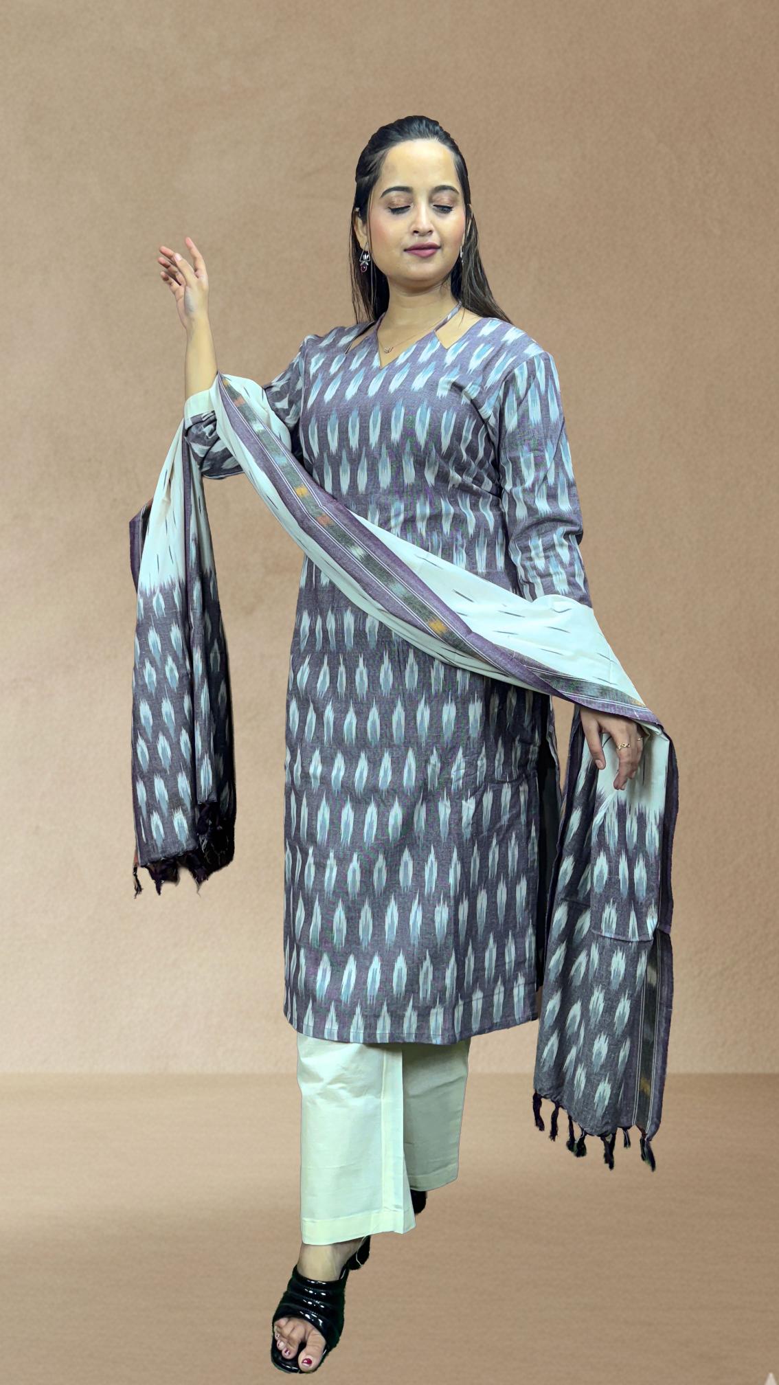 Grey Sambalpuri Ikat Kurti Set with White Dupatta