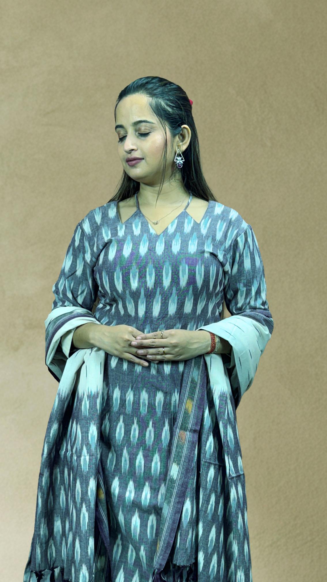 Grey Sambalpuri Ikat Kurti Set with White Dupatta