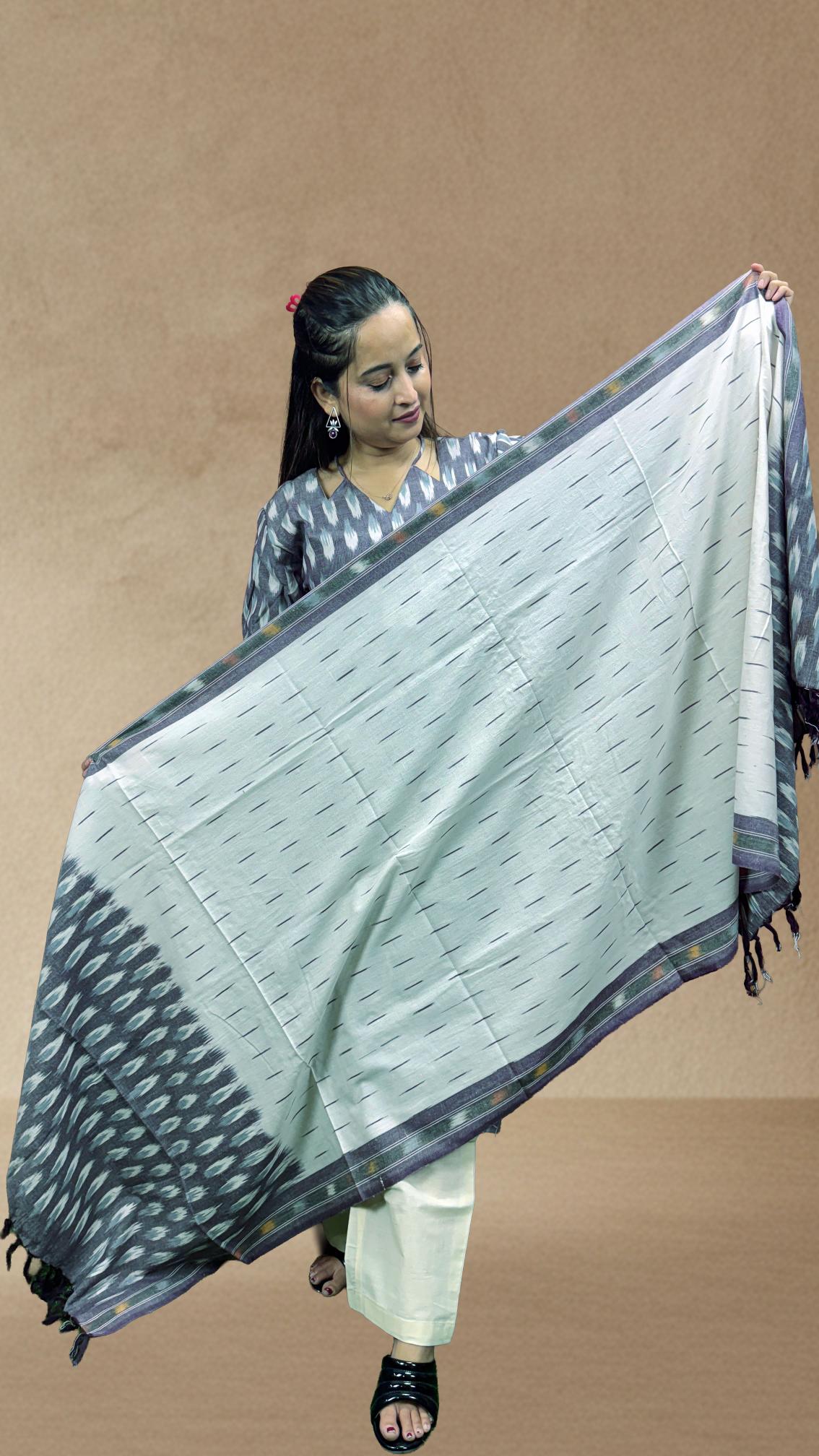 Grey Sambalpuri Ikat Kurti Set with White Dupatta