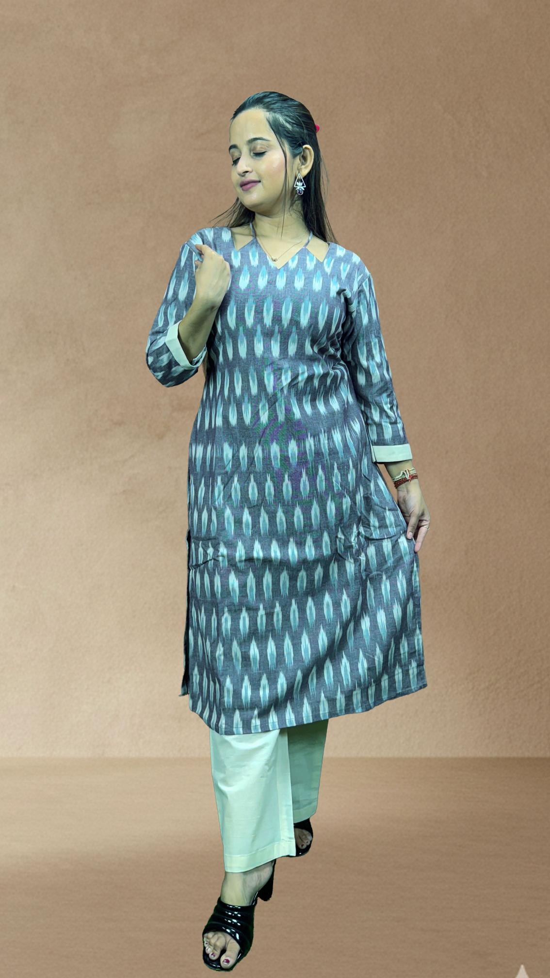 Grey Sambalpuri Ikat Kurti Set with White Dupatta