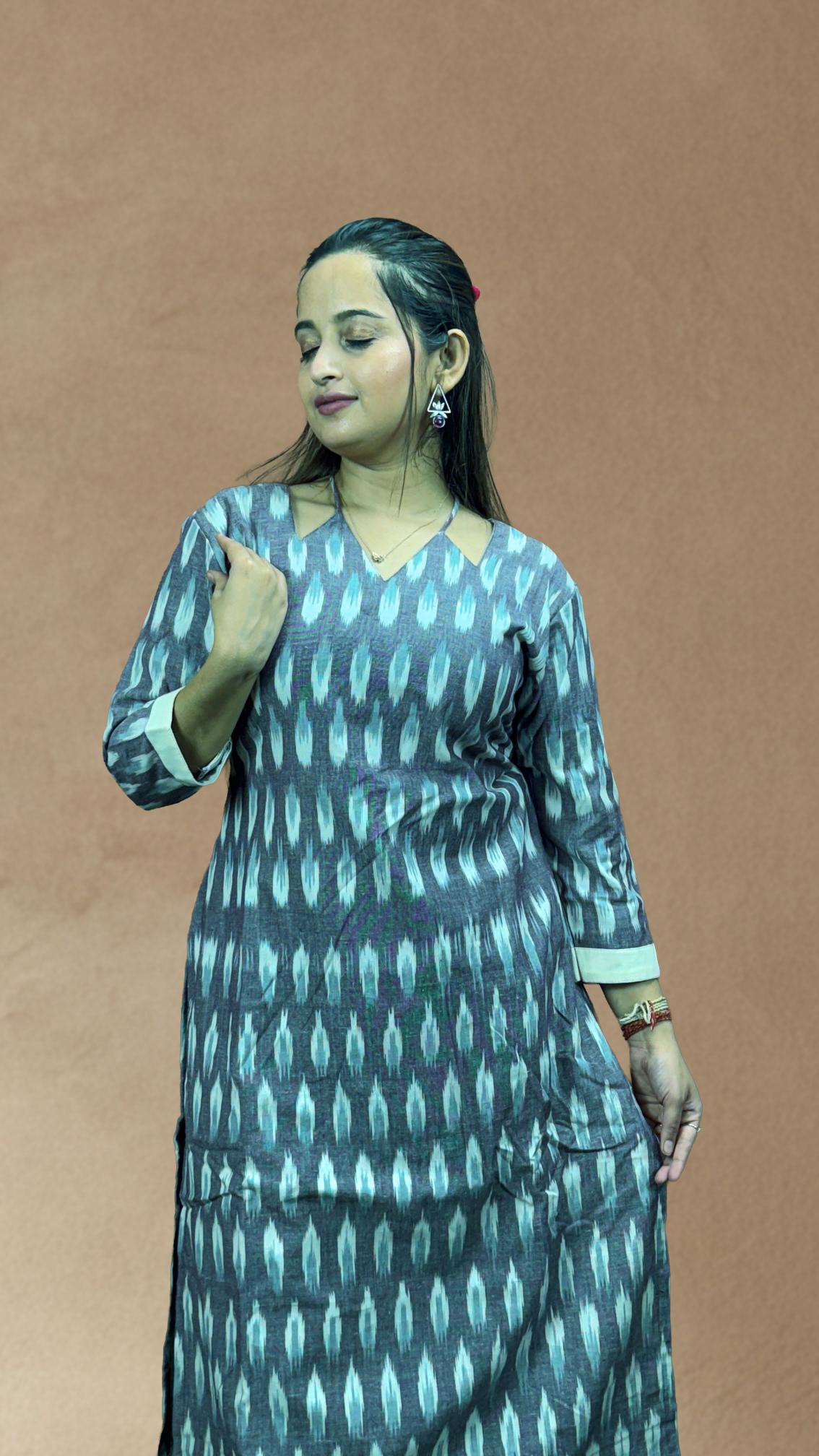Grey Sambalpuri Ikat Kurti Set with White Dupatta