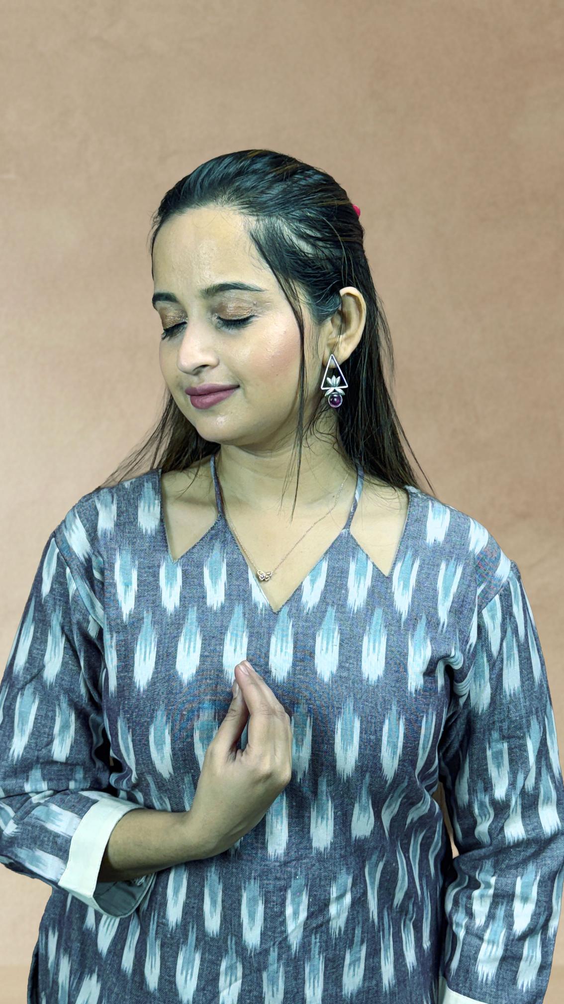 Grey Sambalpuri Ikat Kurti Set with White Dupatta