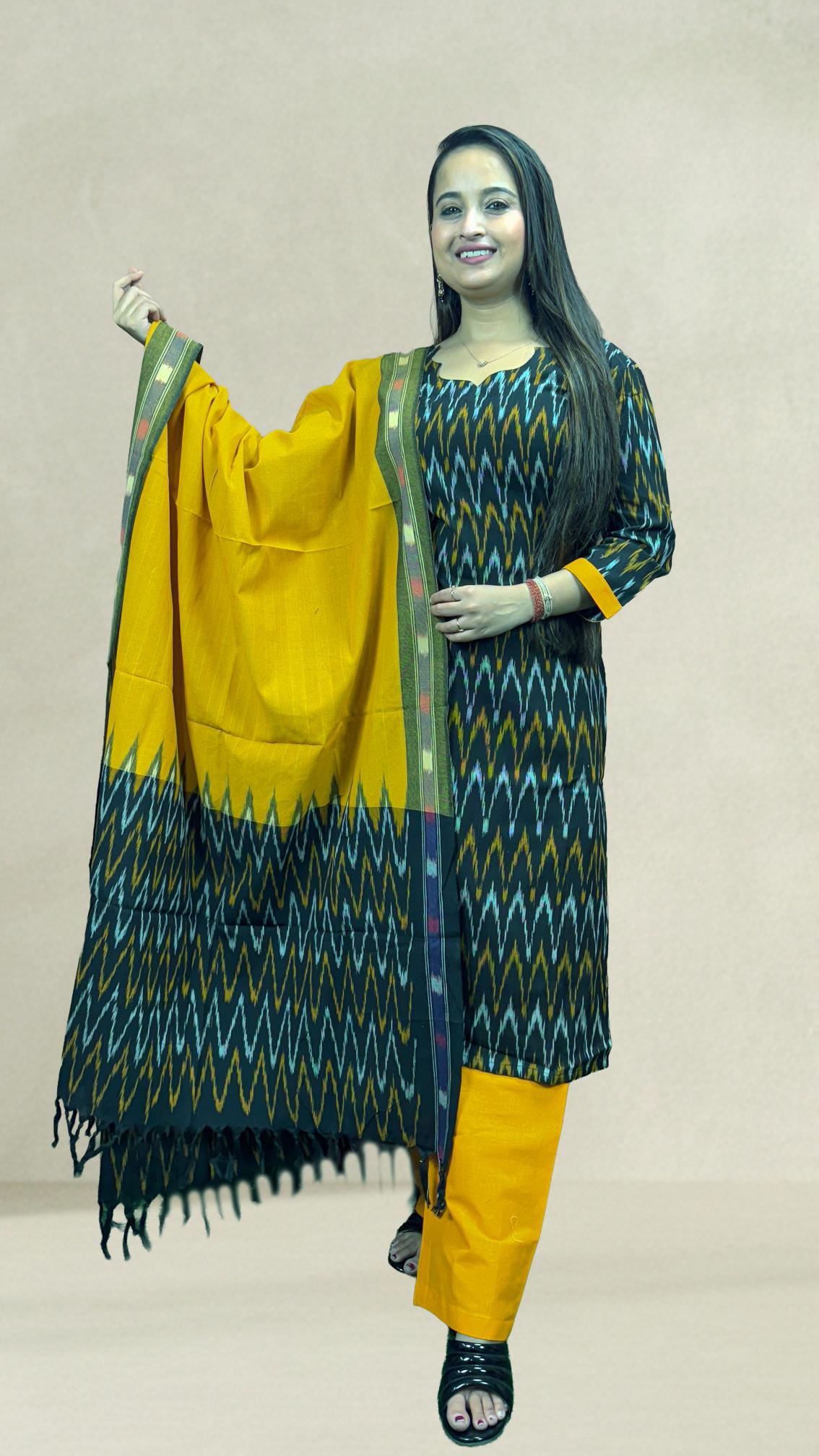 Black Sambalpuri Ikat Kurti Set with Mustard Dupatta