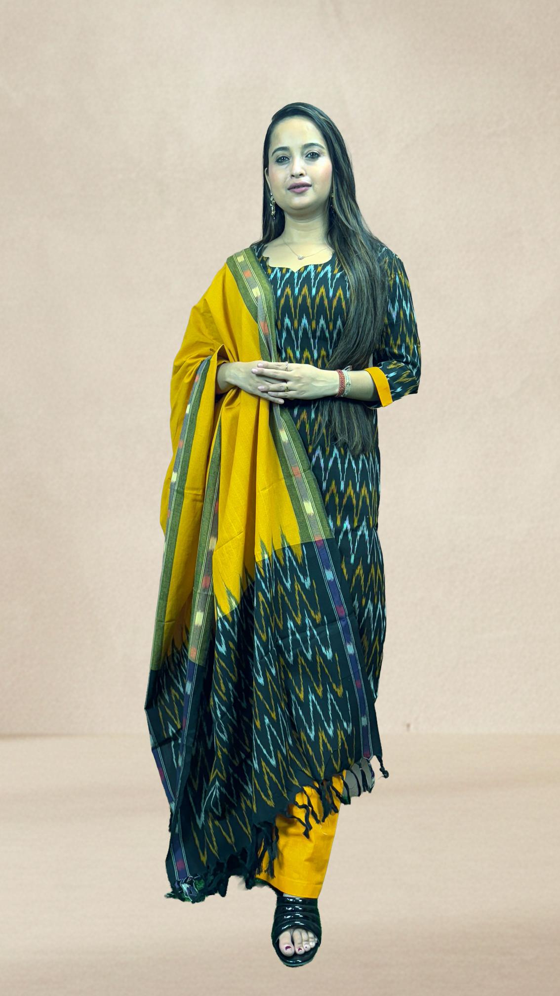 Black Sambalpuri Ikat Kurti Set with Mustard Dupatta