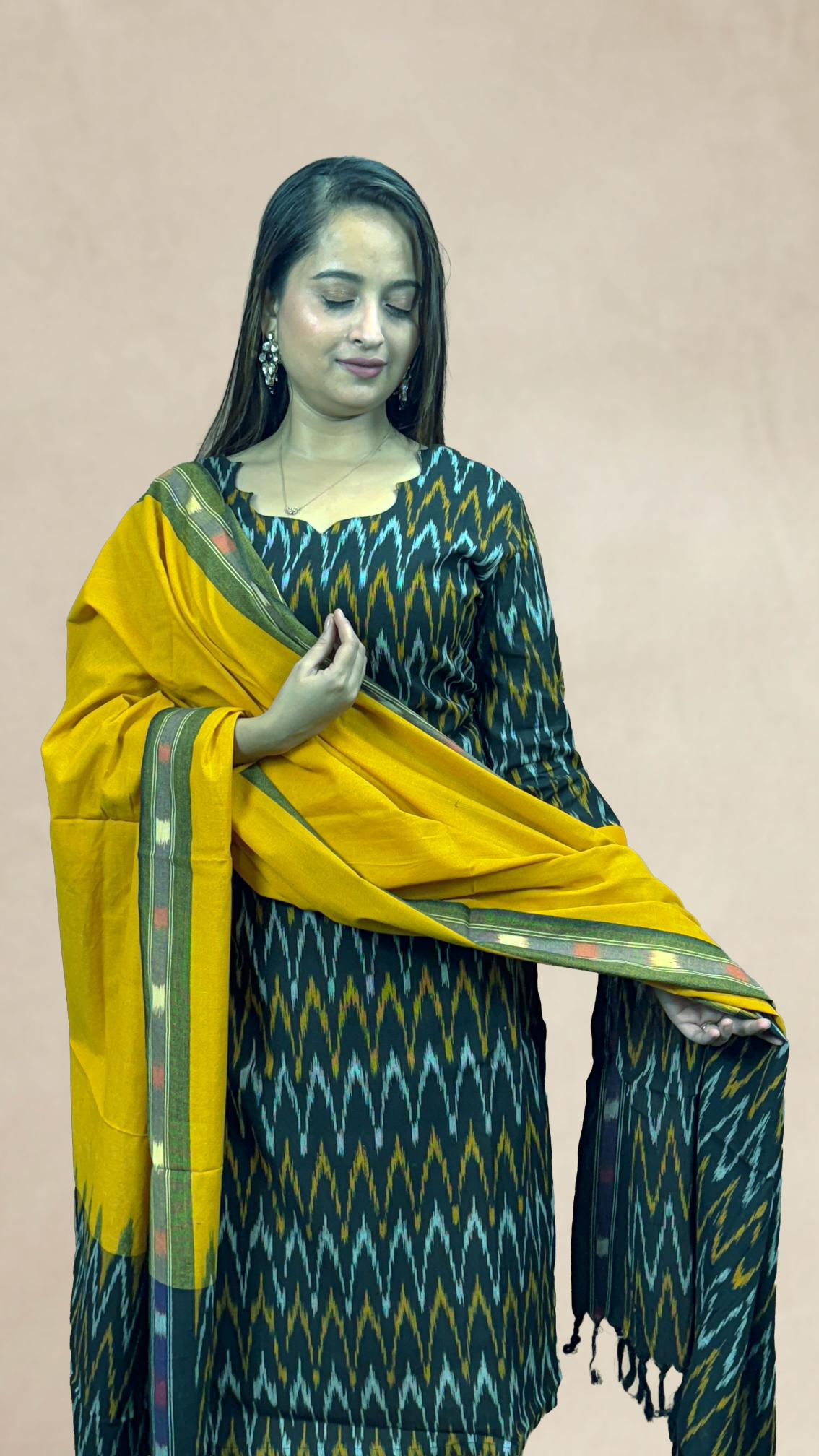 Black Sambalpuri Ikat Kurti Set with Mustard Dupatta