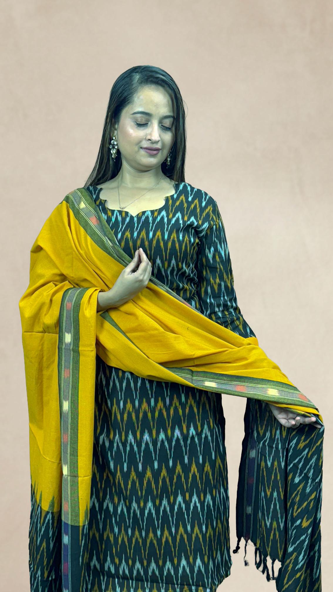Black Sambalpuri Ikat Kurti Set with Mustard Dupatta
