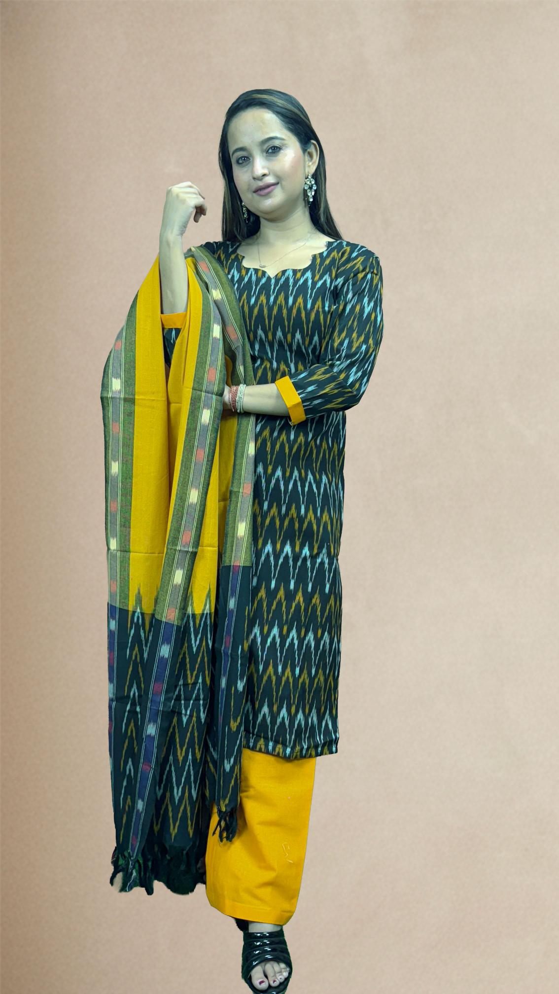 Black Sambalpuri Ikat Kurti Set with Mustard Dupatta
