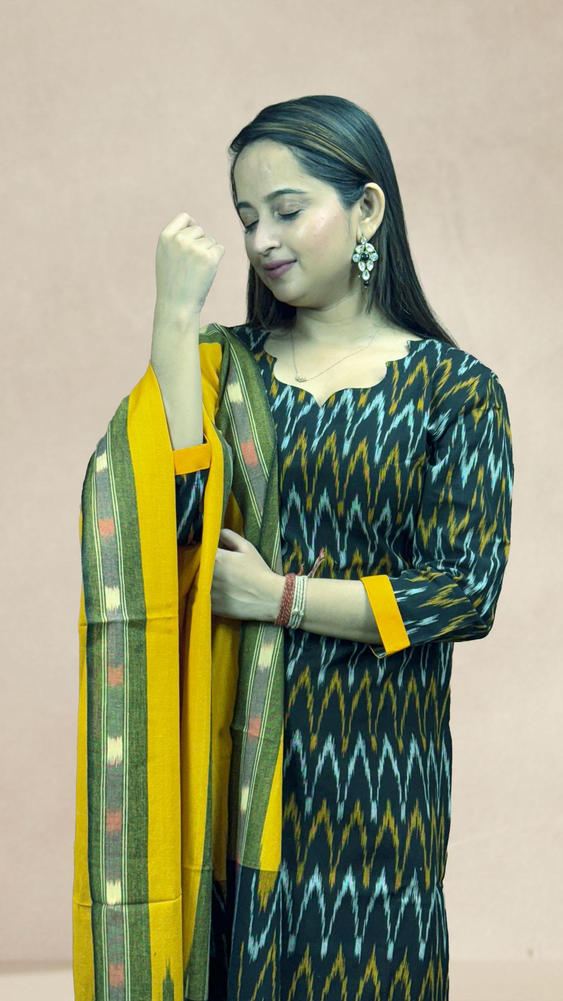Black Sambalpuri Ikat Kurti Set with Mustard Dupatta