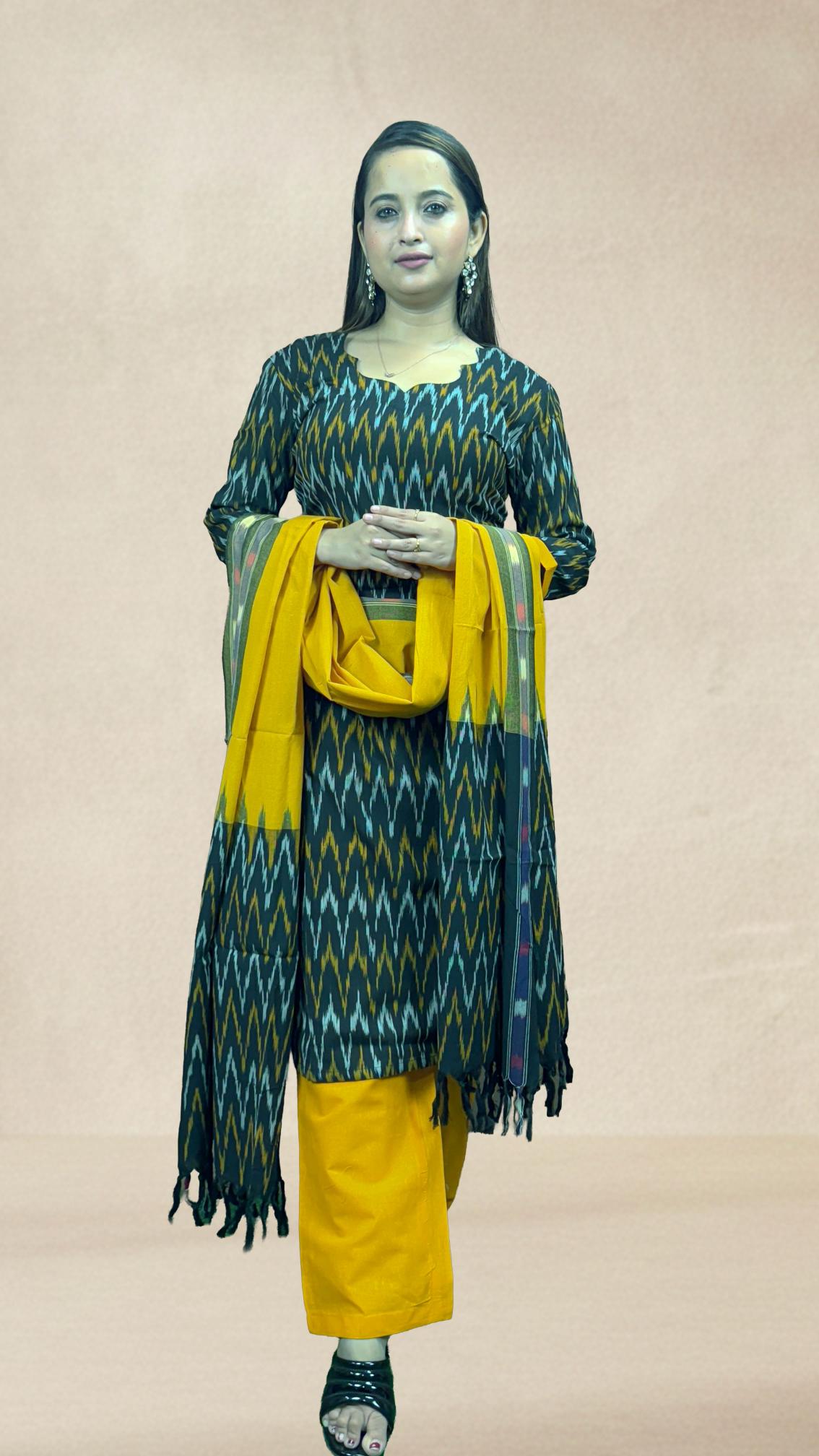 Black Sambalpuri Ikat Kurti Set with Mustard Dupatta