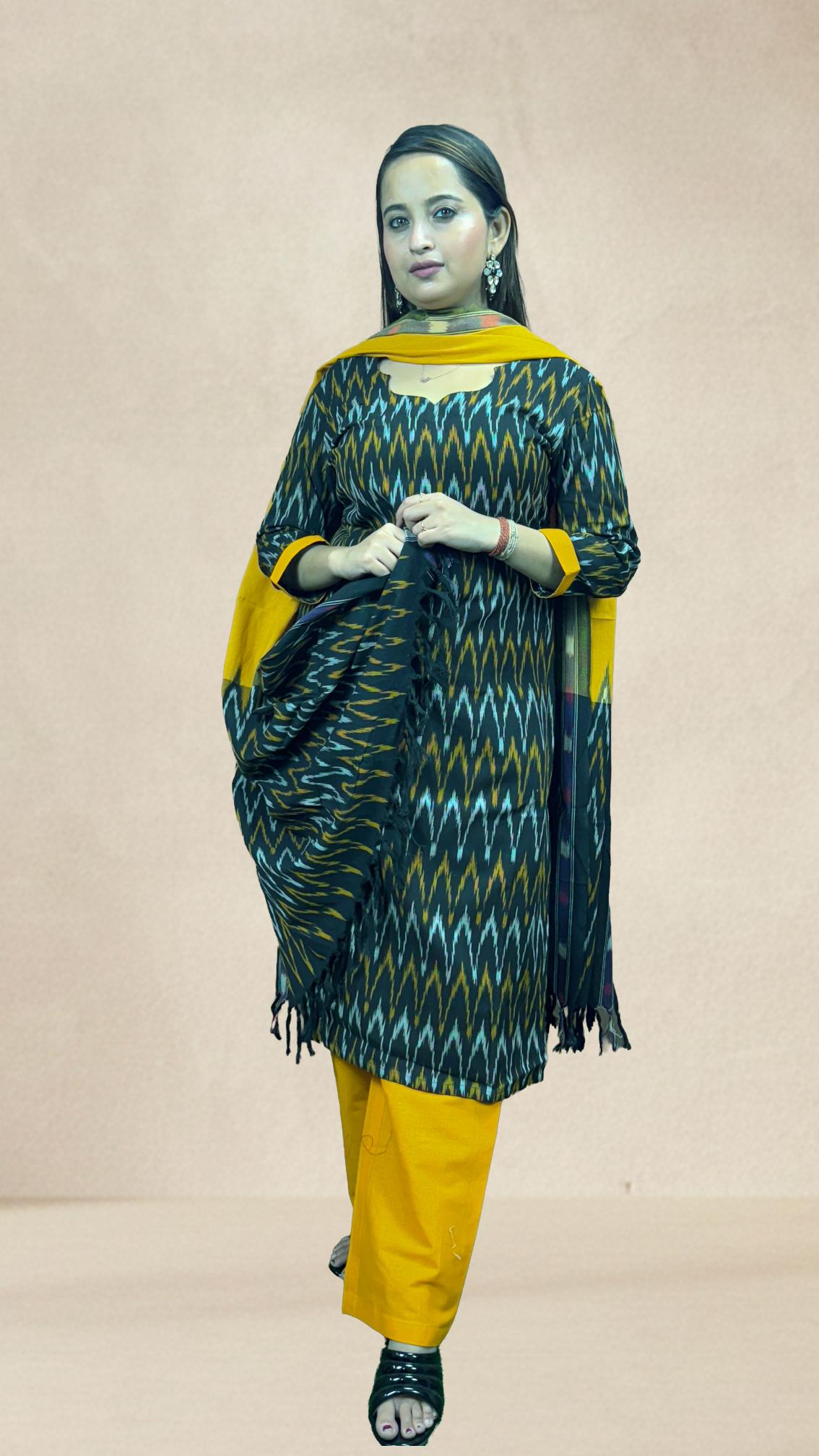 Black Sambalpuri Ikat Kurti Set with Mustard Dupatta