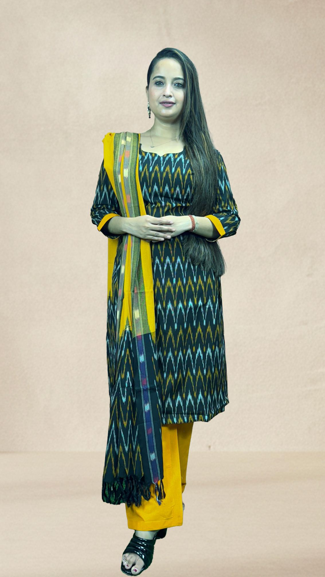 Black Sambalpuri Ikat Kurti Set with Mustard Dupatta
