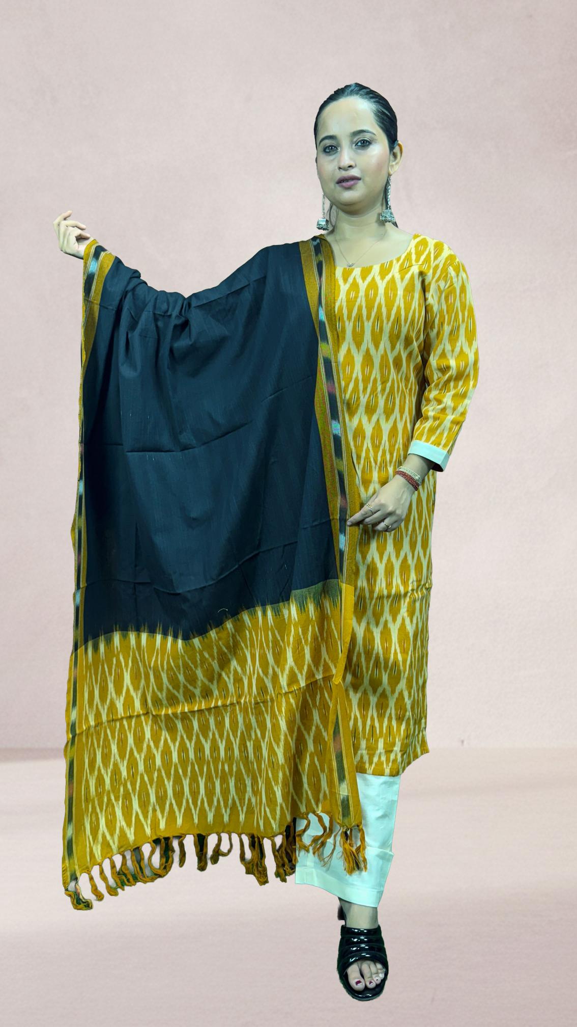 Mustard Sambalpuri Ikat Kurti Set with Black Dupatta