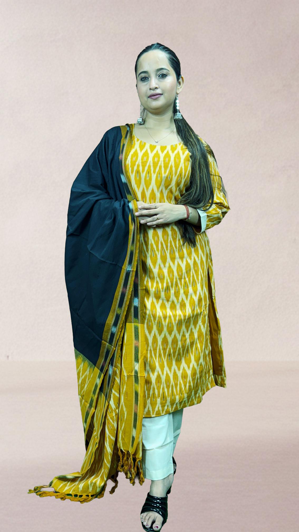 Mustard Sambalpuri Ikat Kurti Set with Black Dupatta