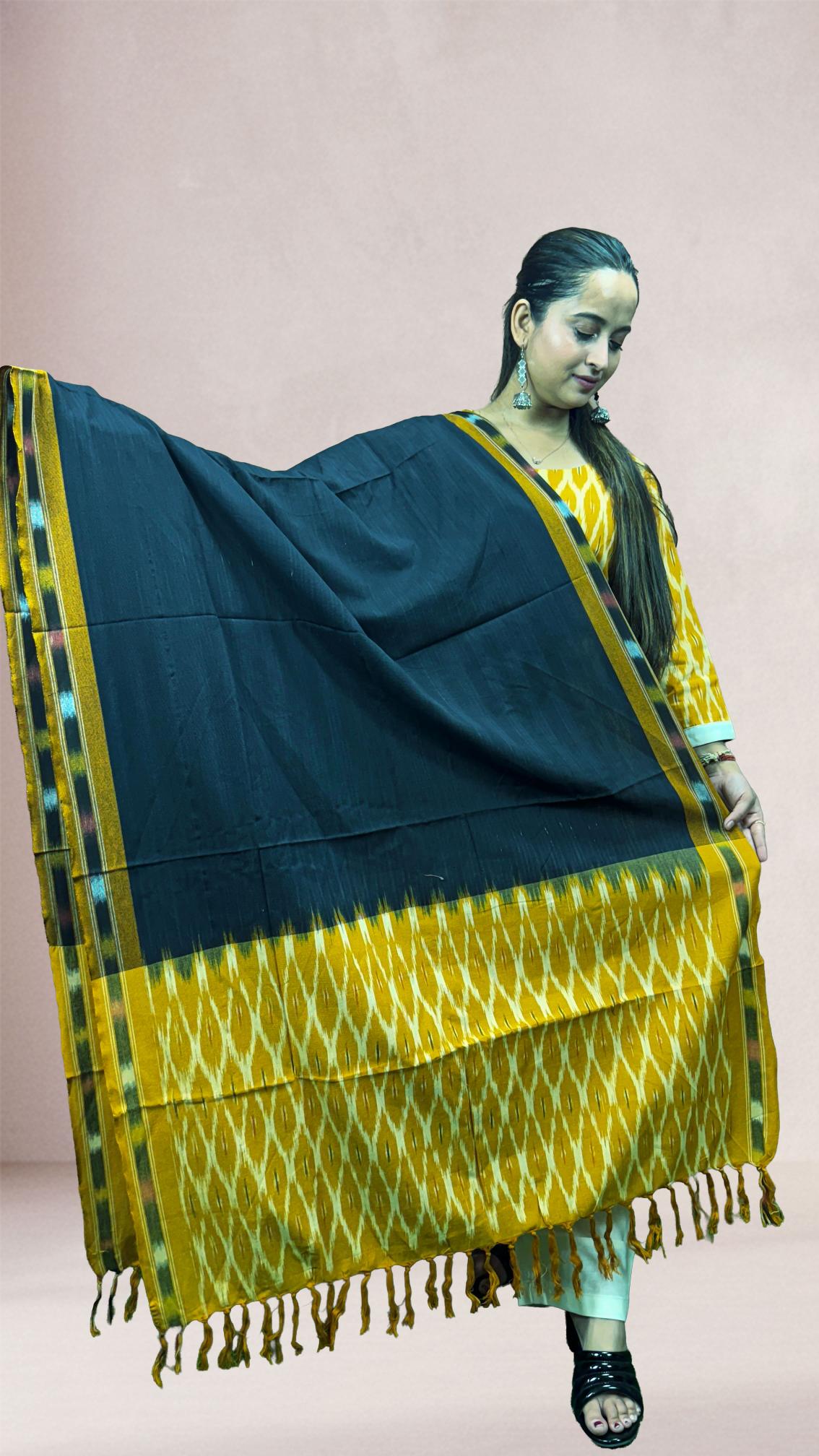 Mustard Sambalpuri Ikat Kurti Set with Black Dupatta