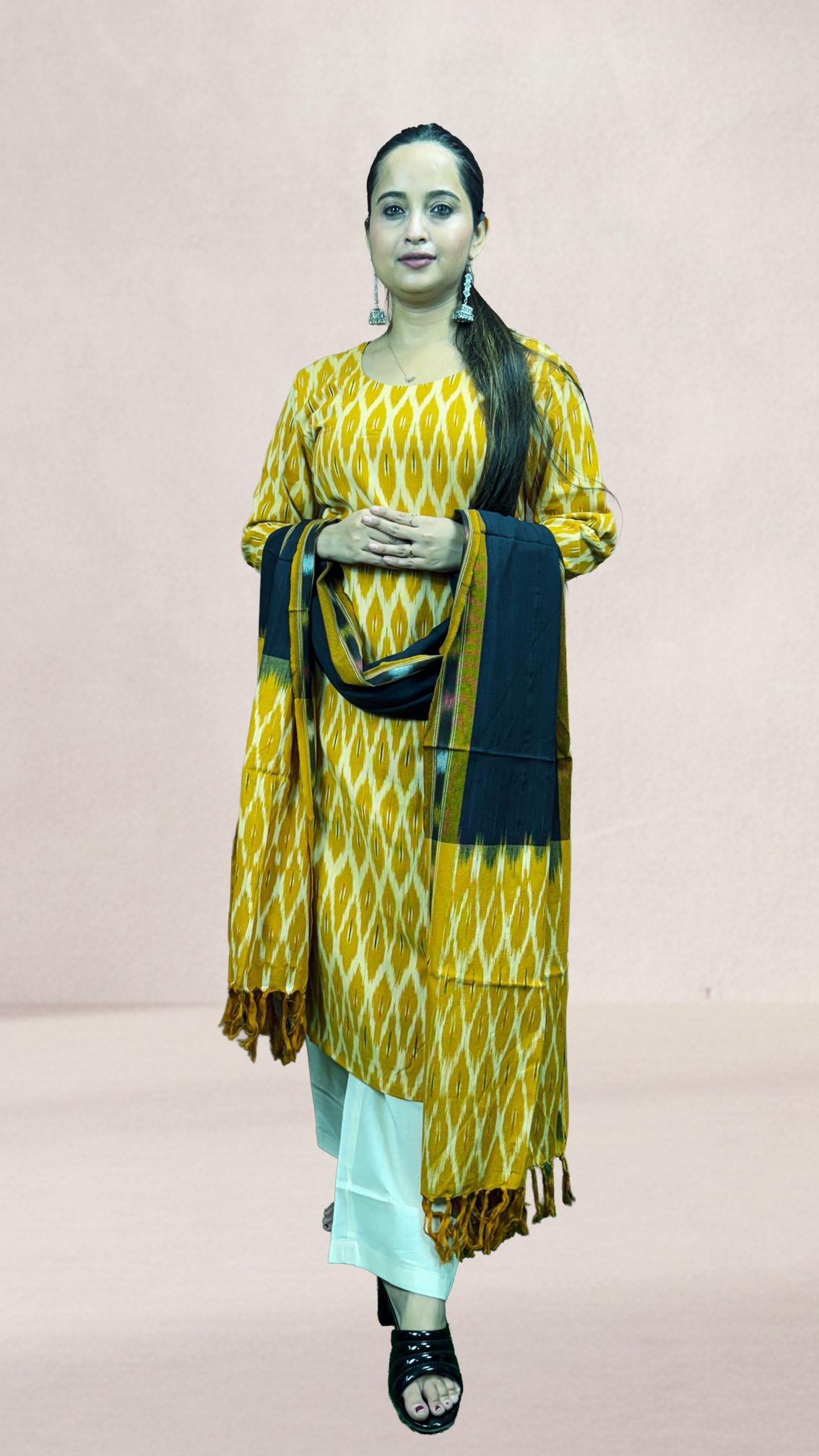 Mustard Sambalpuri Ikat Kurti Set with Black Dupatta