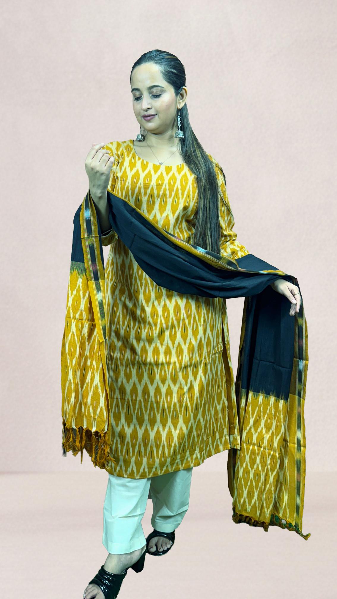 Mustard Sambalpuri Ikat Kurti Set with Black Dupatta