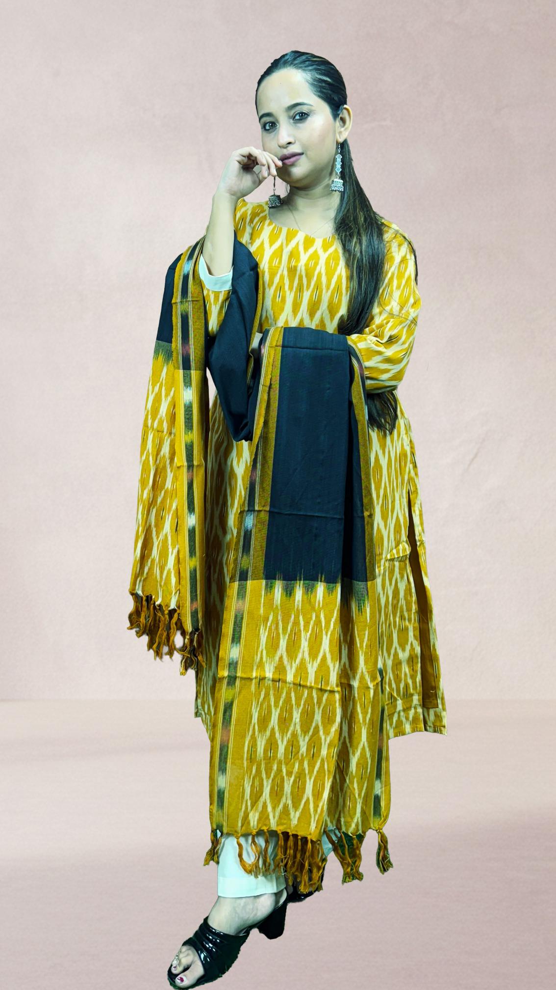Mustard Sambalpuri Ikat Kurti Set with Black Dupatta
