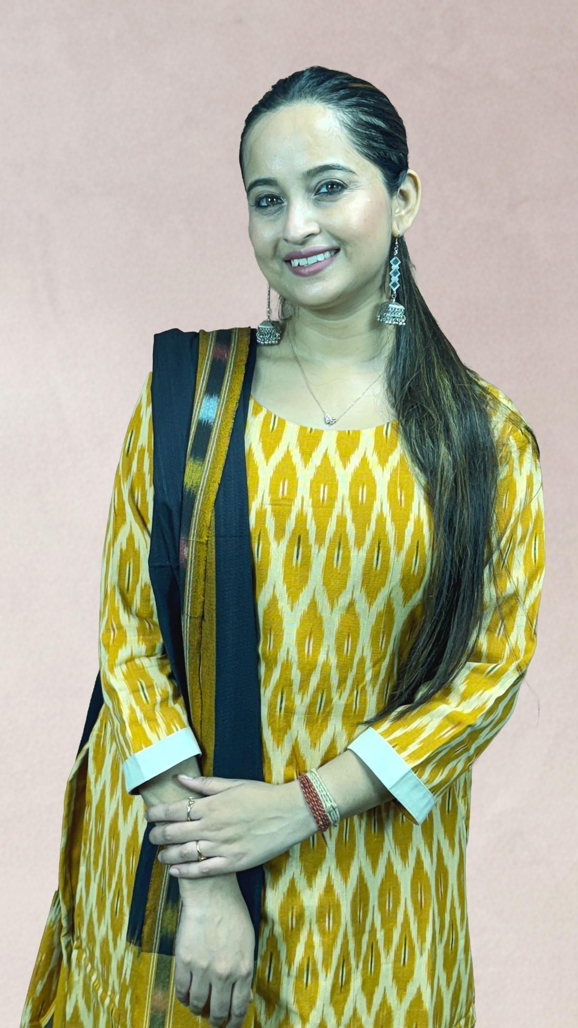 Mustard Sambalpuri Ikat Kurti Set with Black Dupatta