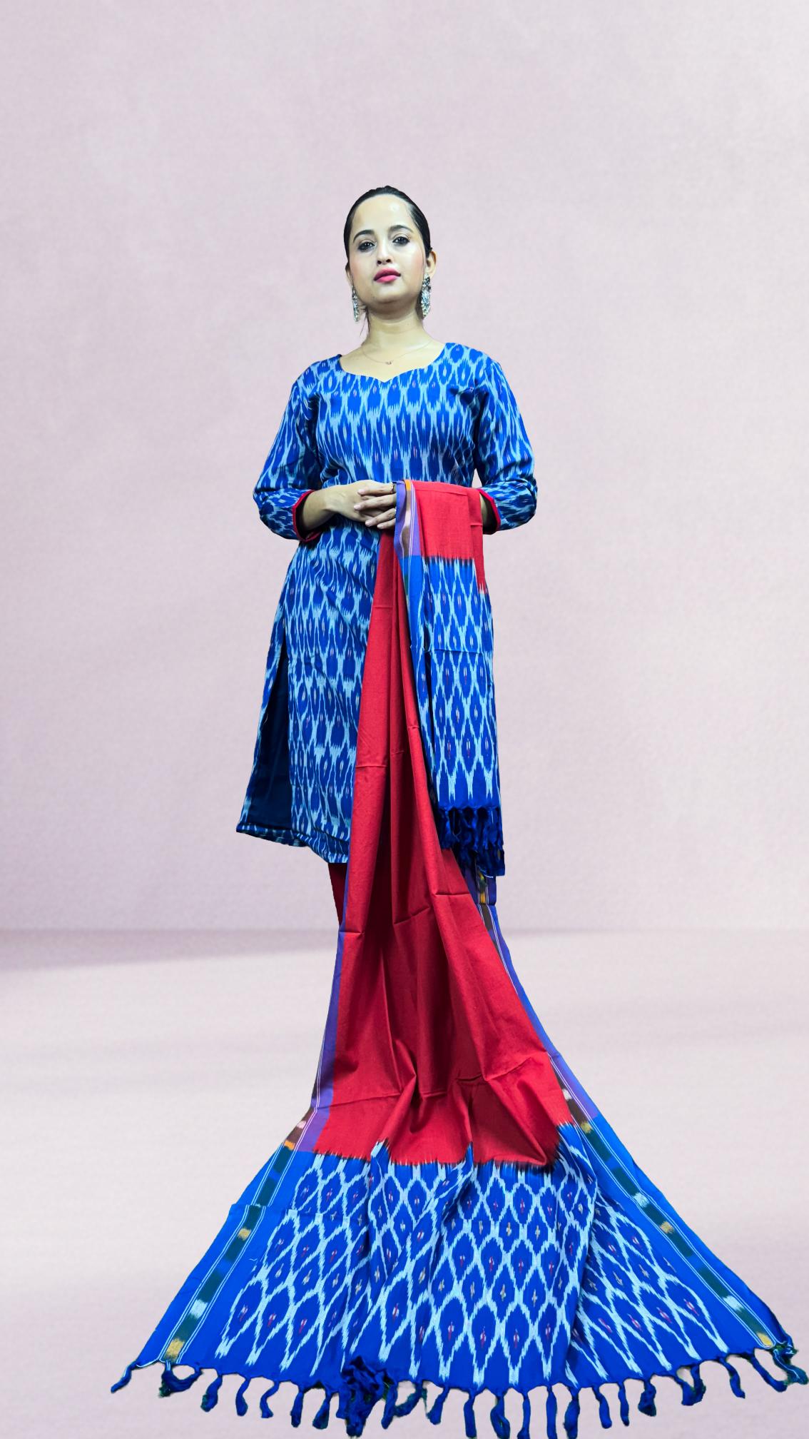 Blue Sambalpuri Ikat Kurti Set with Red Dupatta