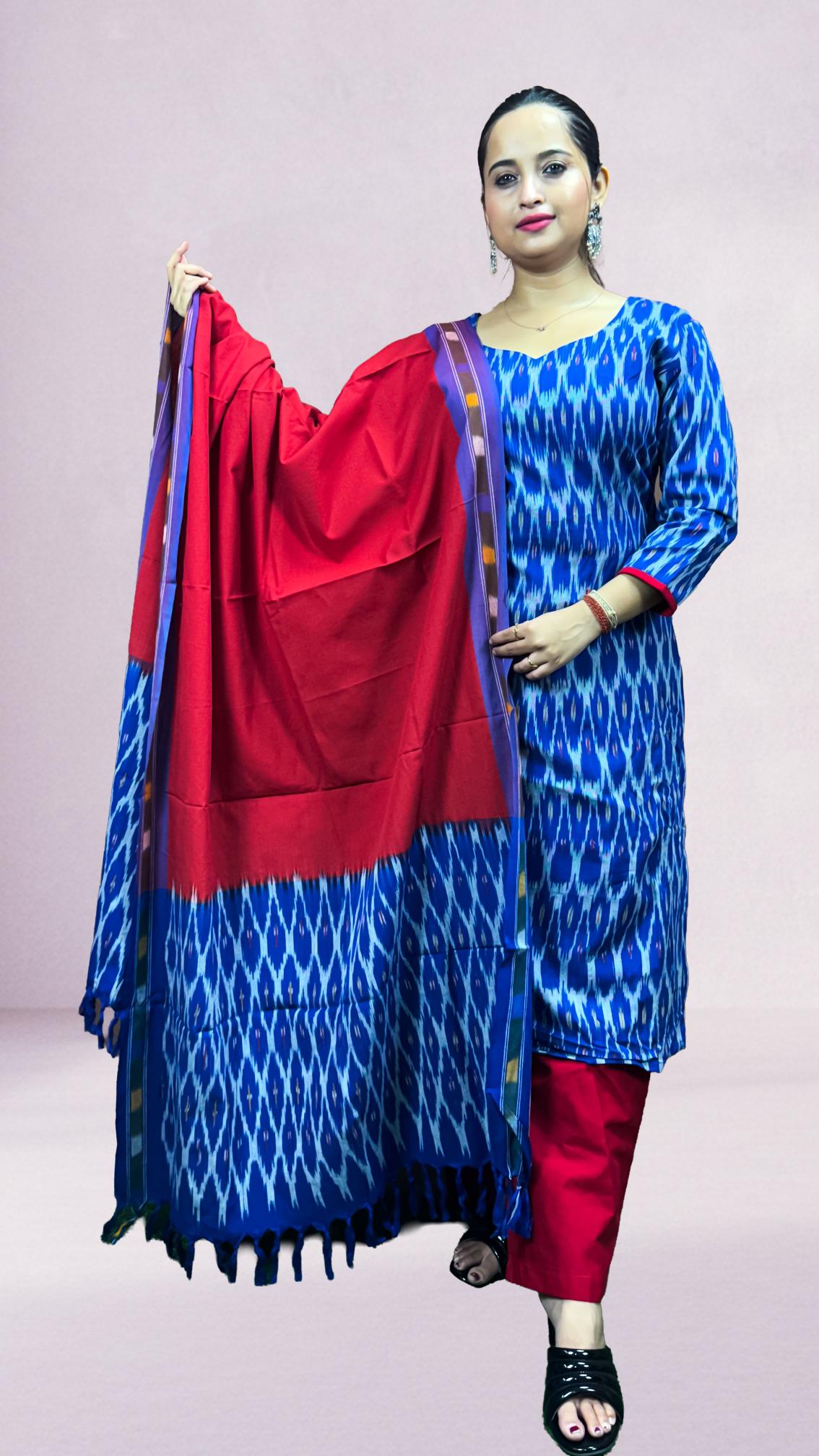 Blue Sambalpuri Ikat Kurti Set with Red Dupatta