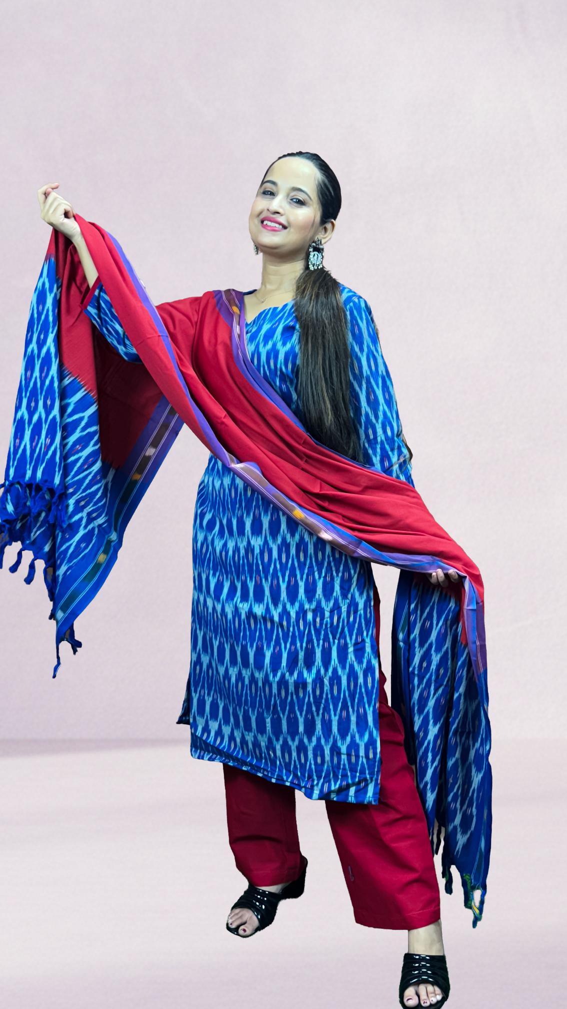 Blue Sambalpuri Ikat Kurti Set with Red Dupatta