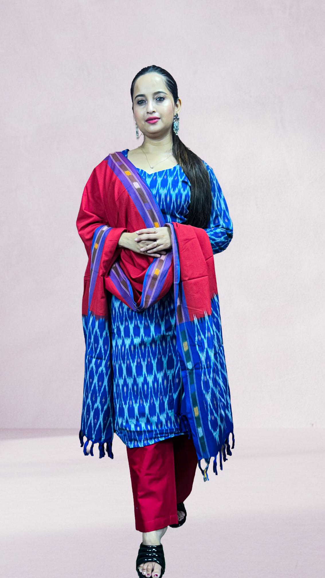 Blue Sambalpuri Ikat Kurti Set with Red Dupatta