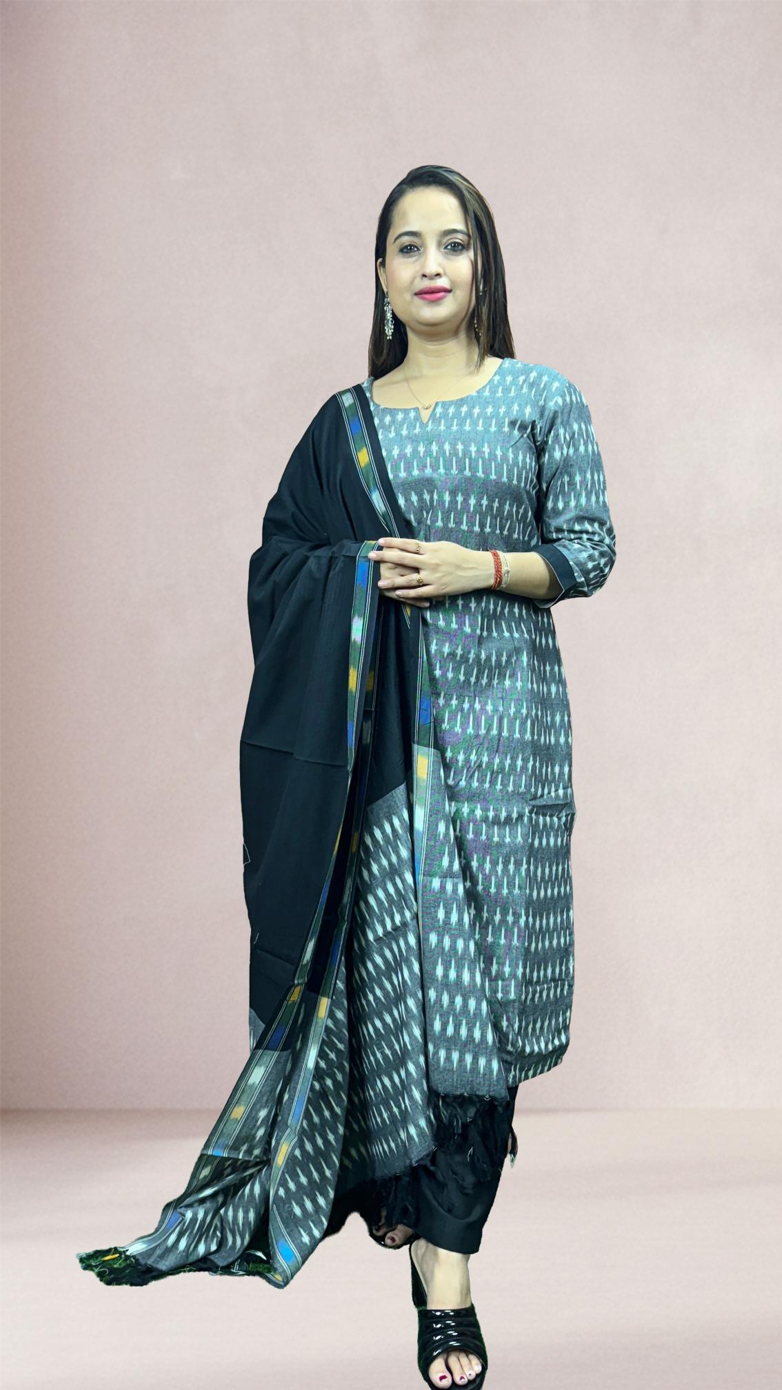 Grey Sambalpuri Ikat Kurti Set with Black Dupatta