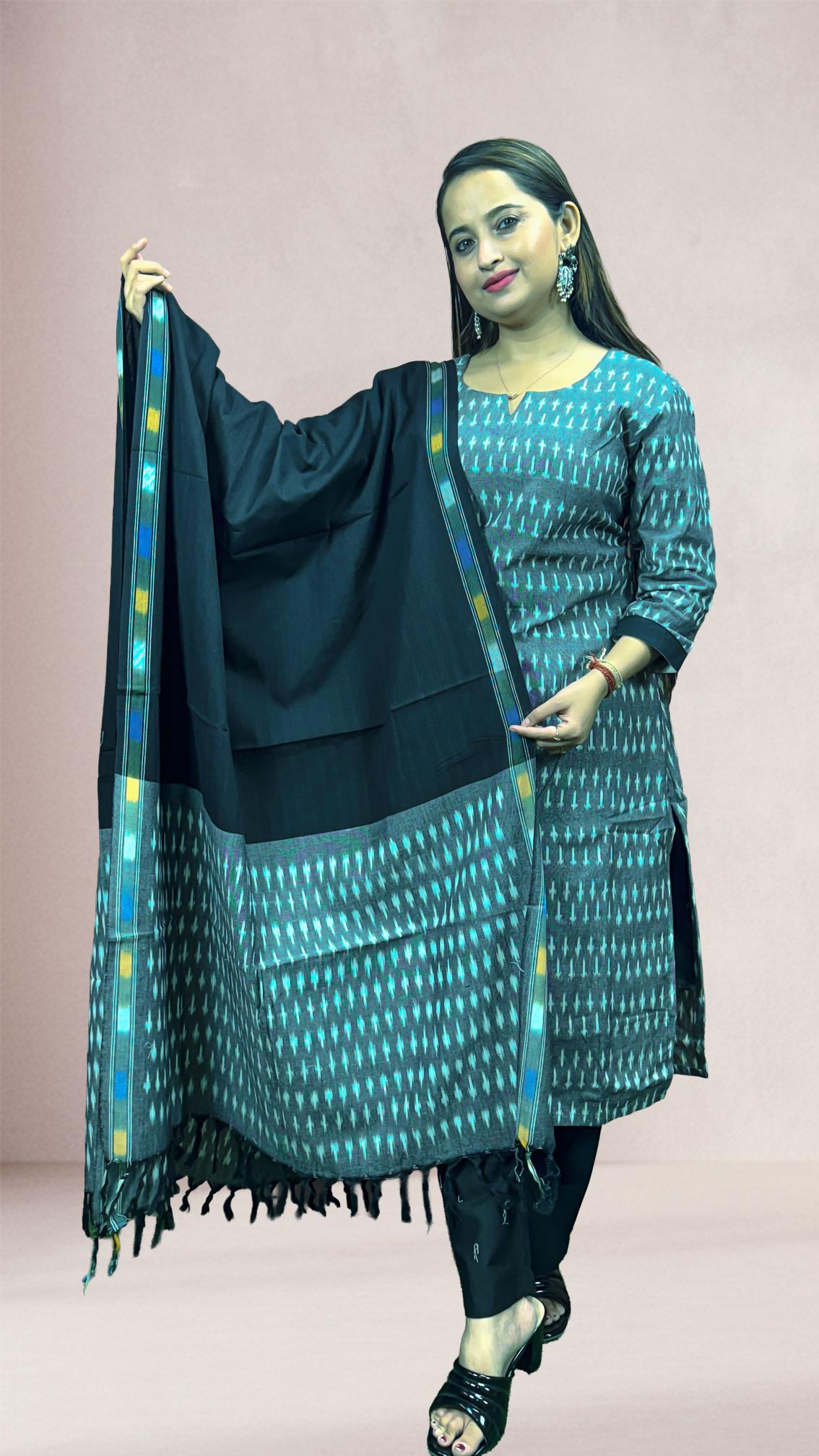Grey Sambalpuri Ikat Kurti Set with Black Dupatta
