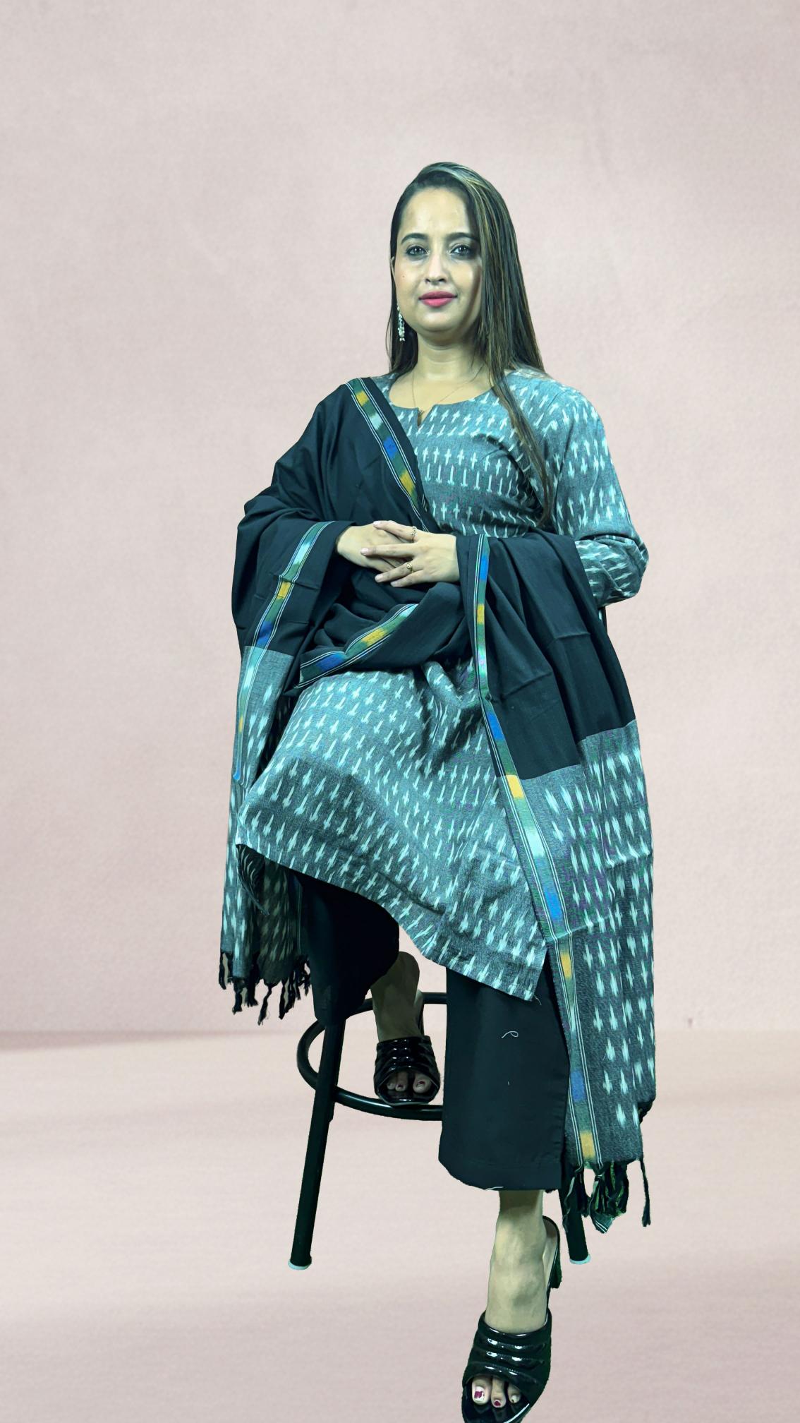 Grey Sambalpuri Ikat Kurti Set with Black Dupatta